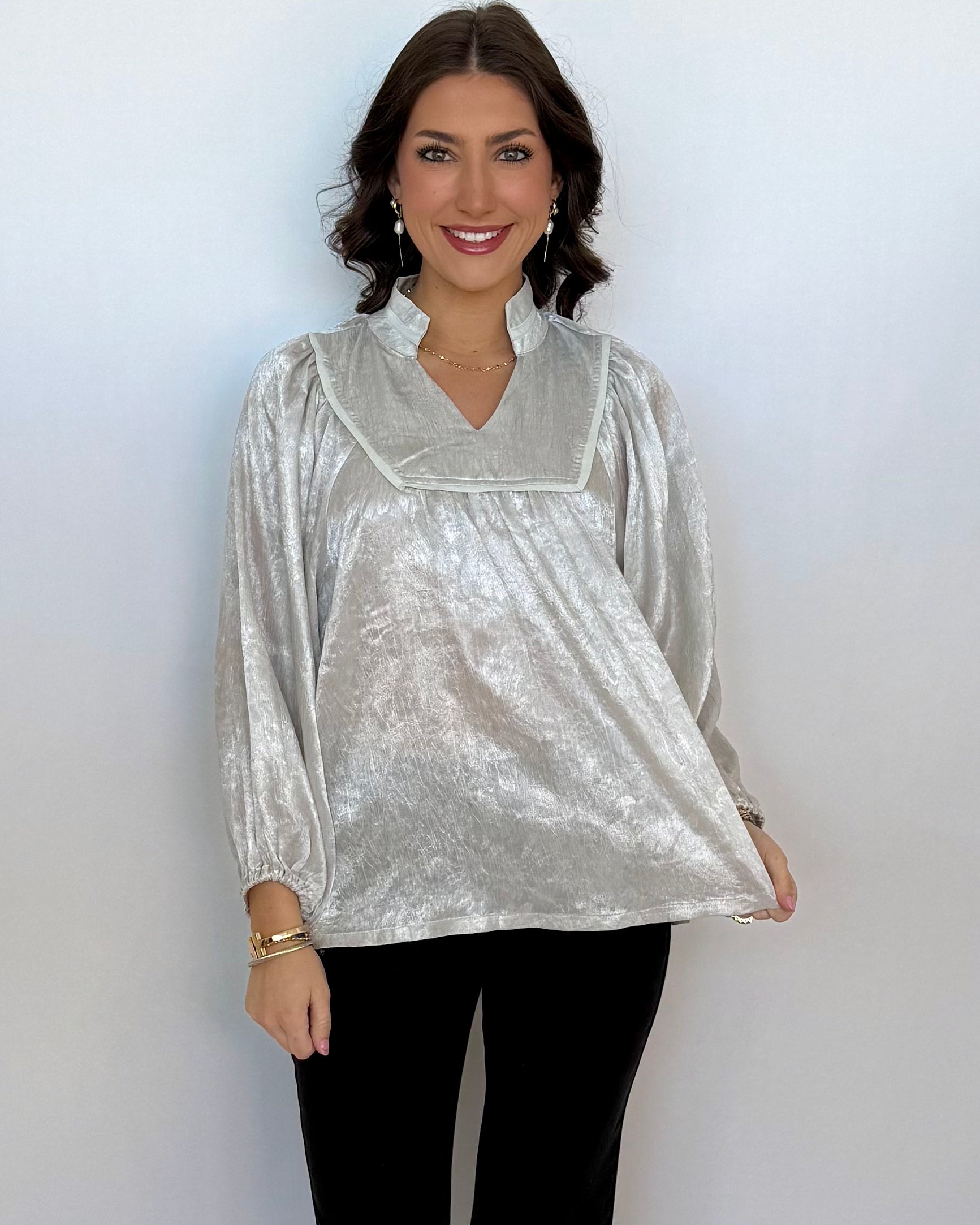 Always Mindful Silver Brocade Top-Shop-Womens-Boutique-Clothing
