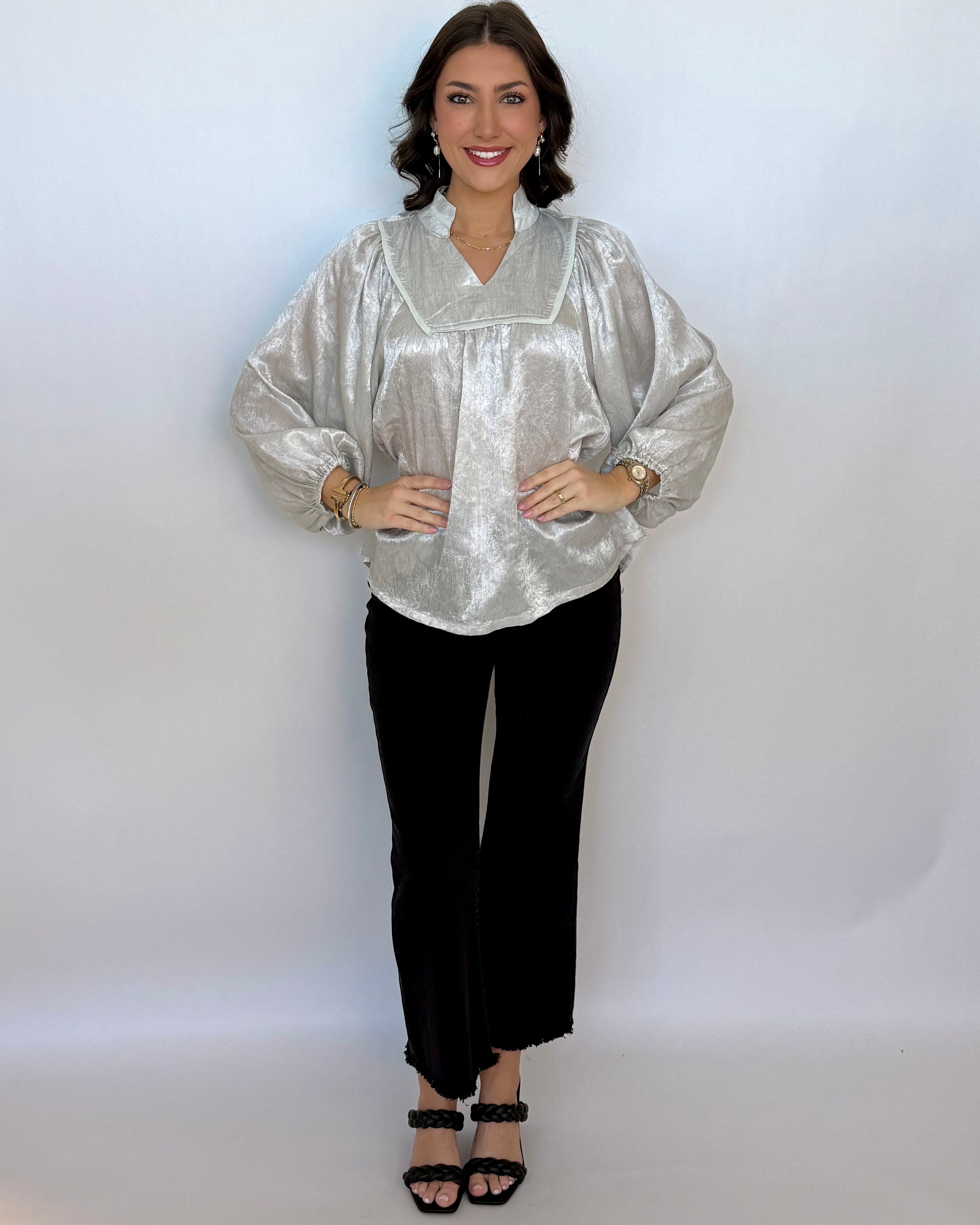 Always Mindful Silver Brocade Top-Shop-Womens-Boutique-Clothing