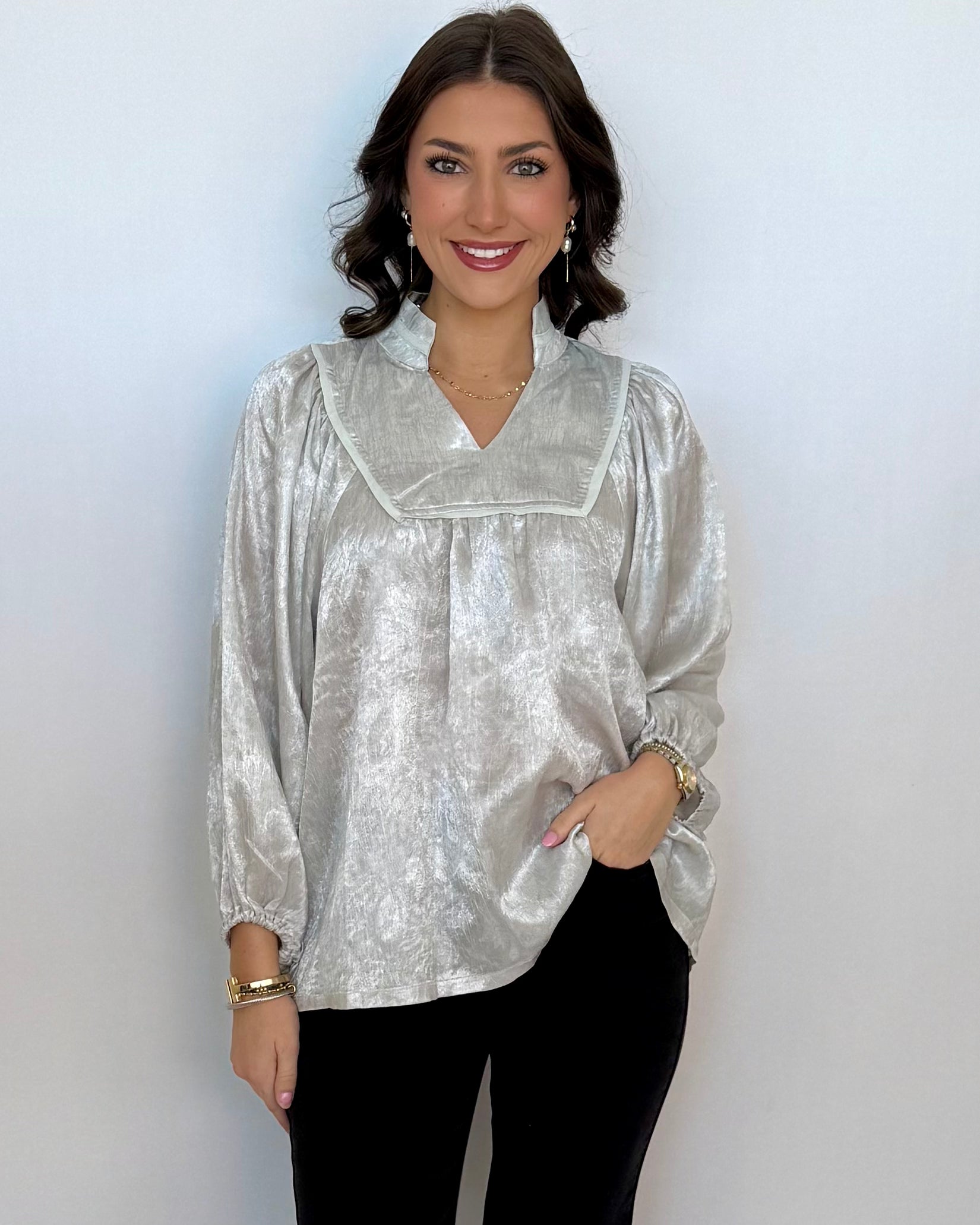 Always Mindful Silver Brocade Top-Shop-Womens-Boutique-Clothing