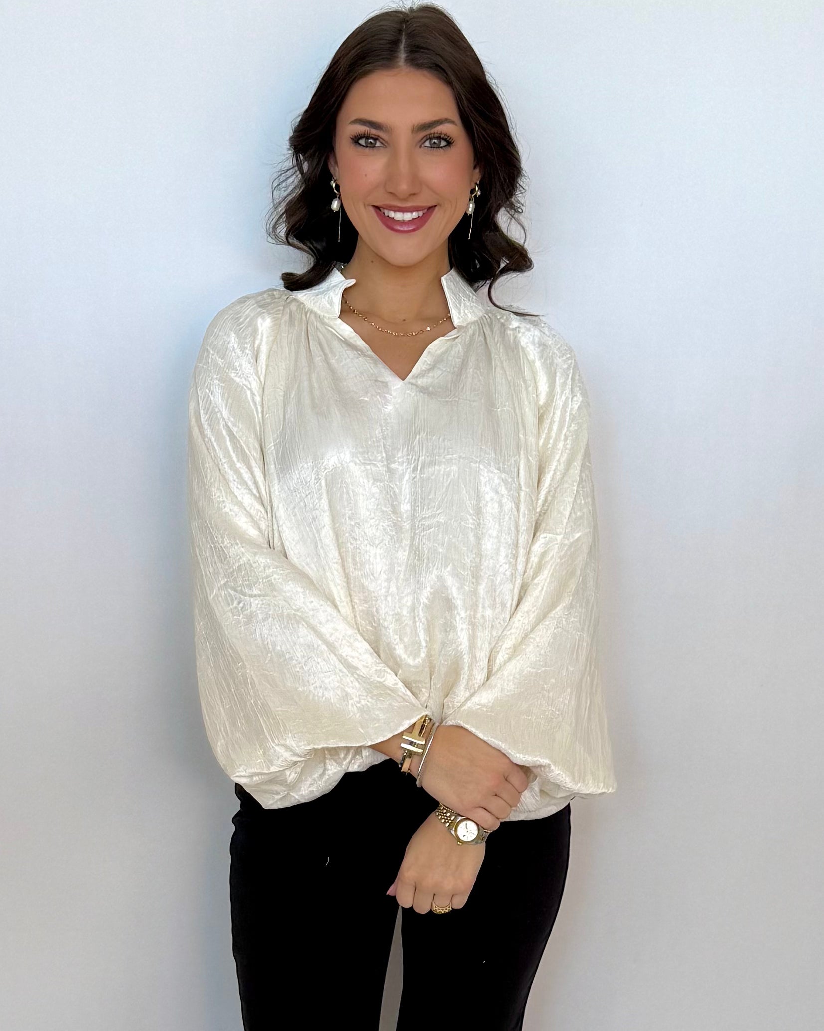 Till I Found You Cream Metallic Pleated Top-Shop-Womens-Boutique-Clothing