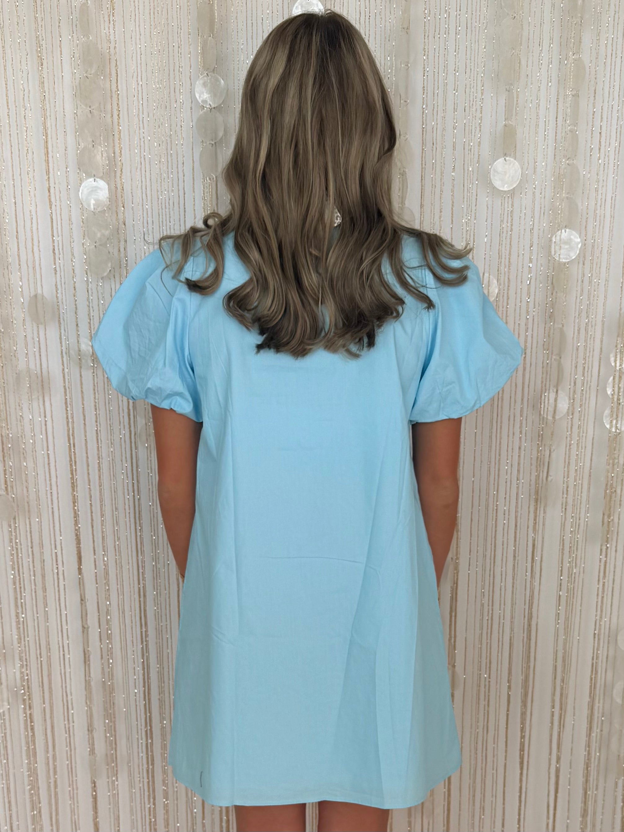 Ocean Skies Aqua Baroque Floral Applique Puff Sleeve Dress-Shop-Womens-Boutique-Clothing