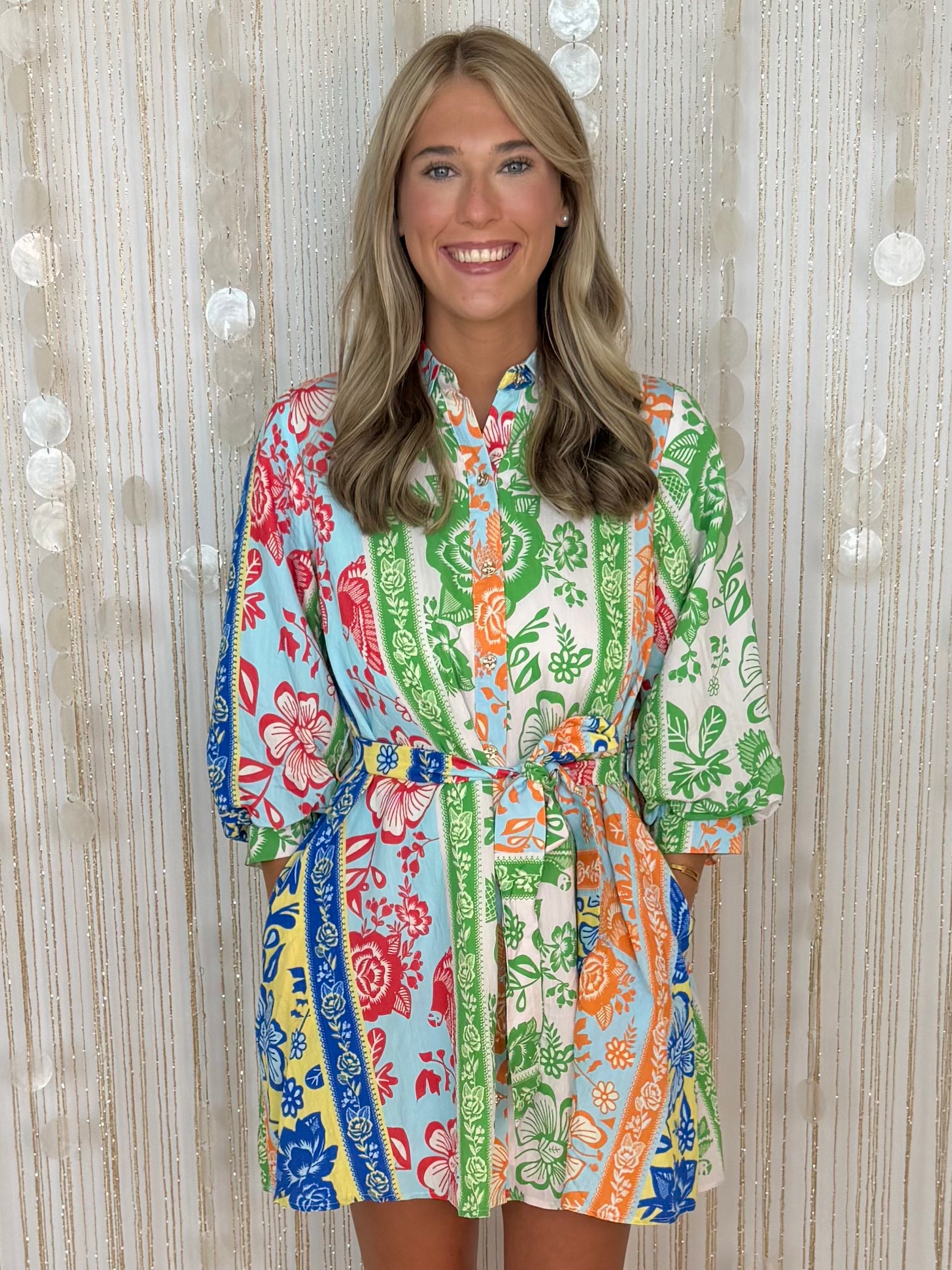 No Notes Green Botanical Stripe Belted 3/4 Sleeve Dress-Shop-Womens-Boutique-Clothing