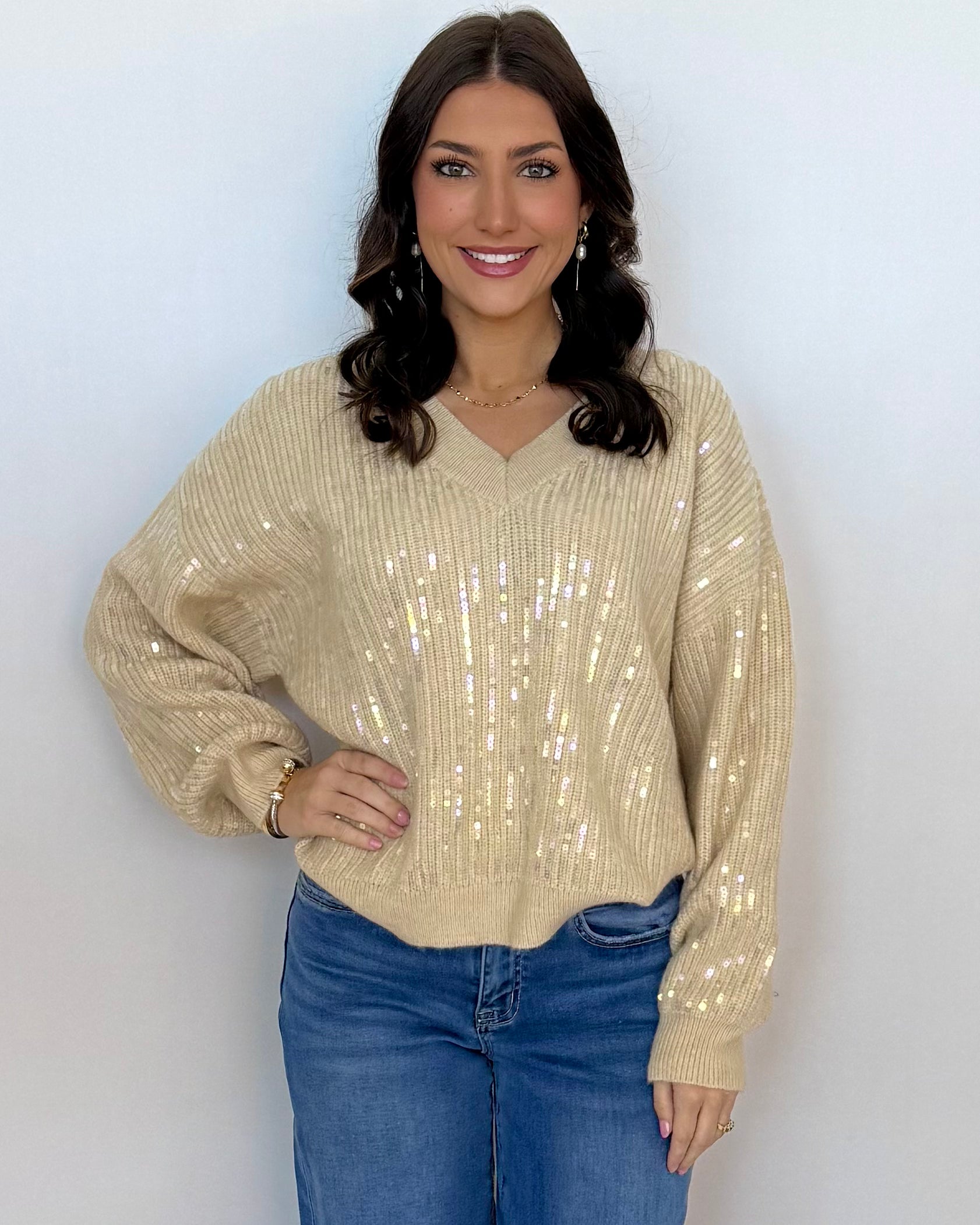 Wander With Me Oatmeal Clear Sequin Sweater-Shop-Womens-Boutique-Clothing