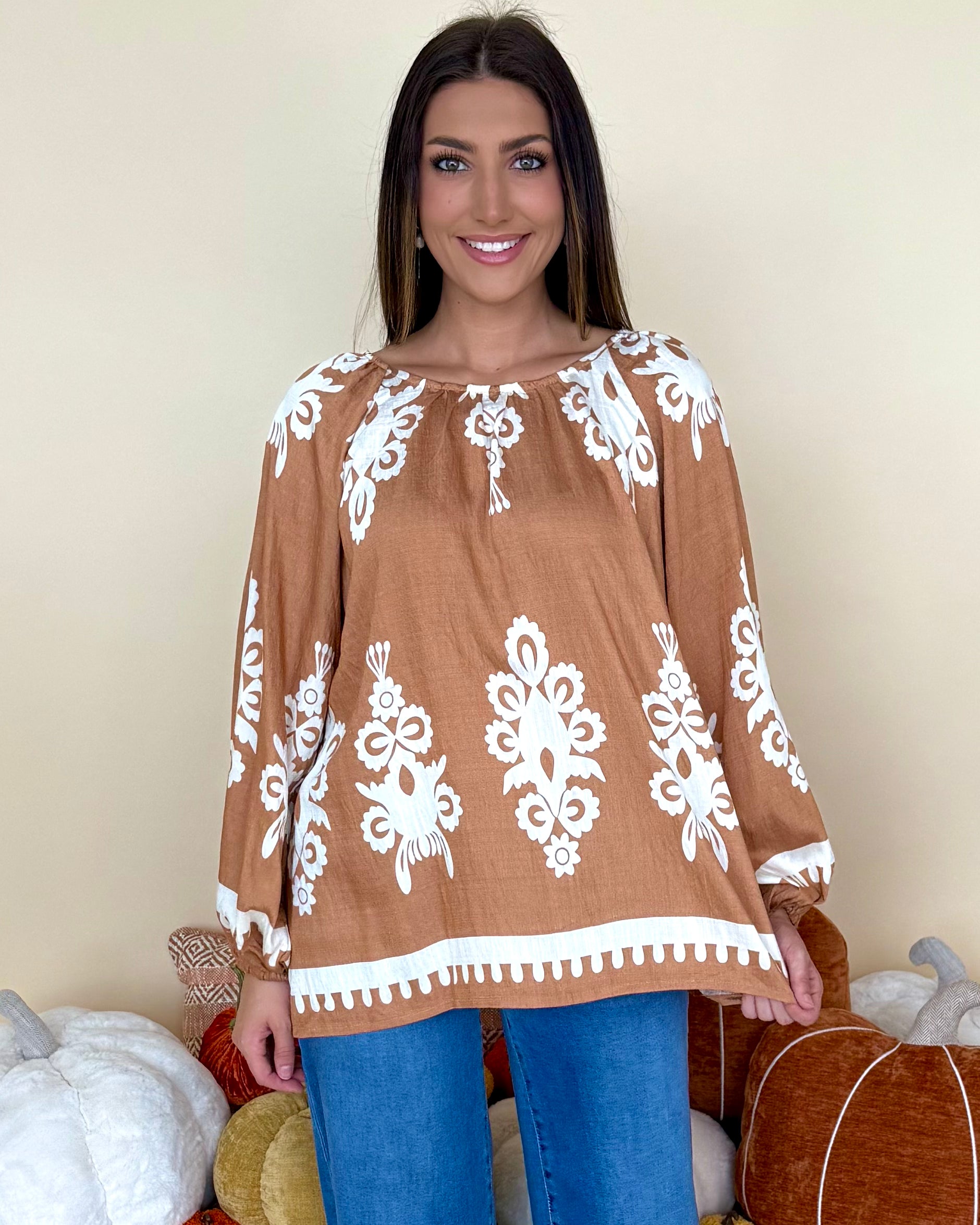 Golden Days Mocha Two Tone Print Top-Shop-Womens-Boutique-Clothing