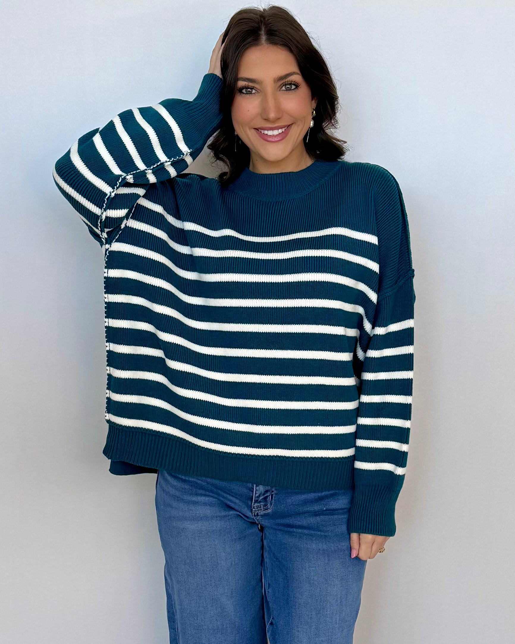 Cozy Fire Teal Striped Sweater-Shop-Womens-Boutique-Clothing