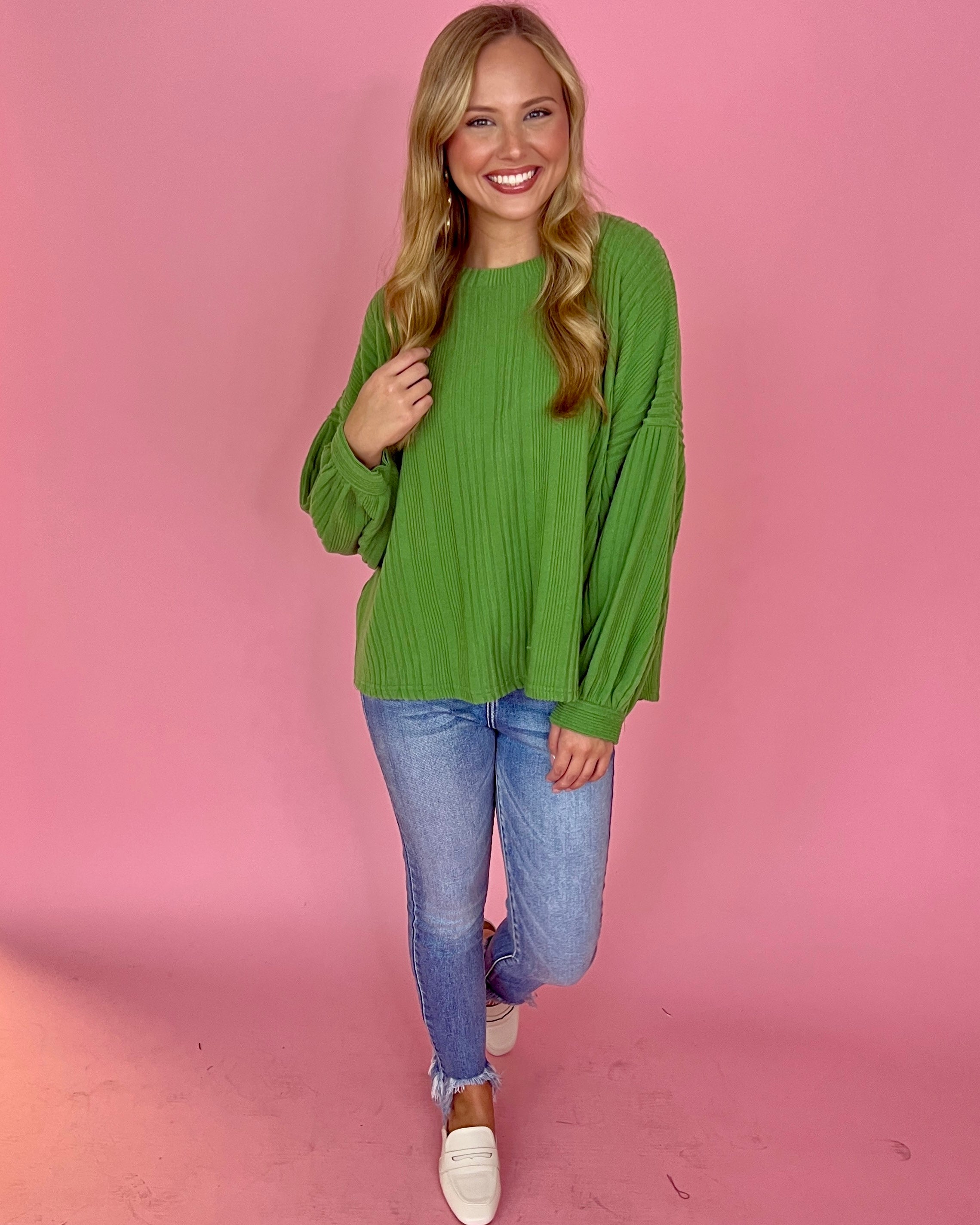 Stay With Me Apple Green Ribbed Puff Sleeve Knit Top-Shop-Womens-Boutique-Clothing