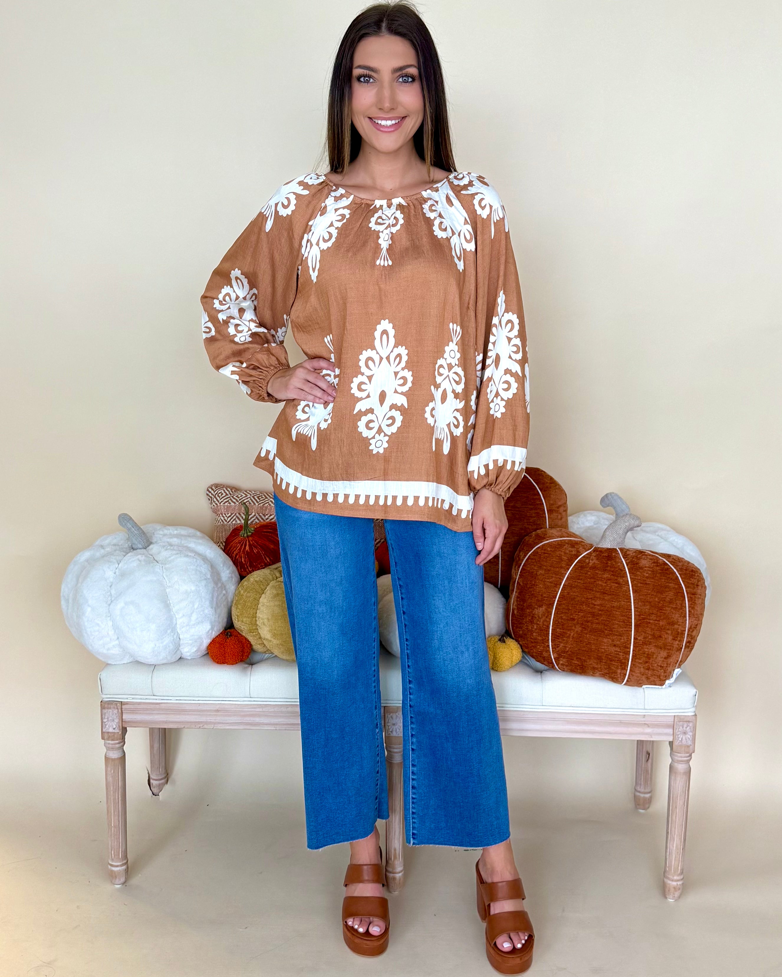 Golden Days Mocha Two Tone Print Top-Shop-Womens-Boutique-Clothing