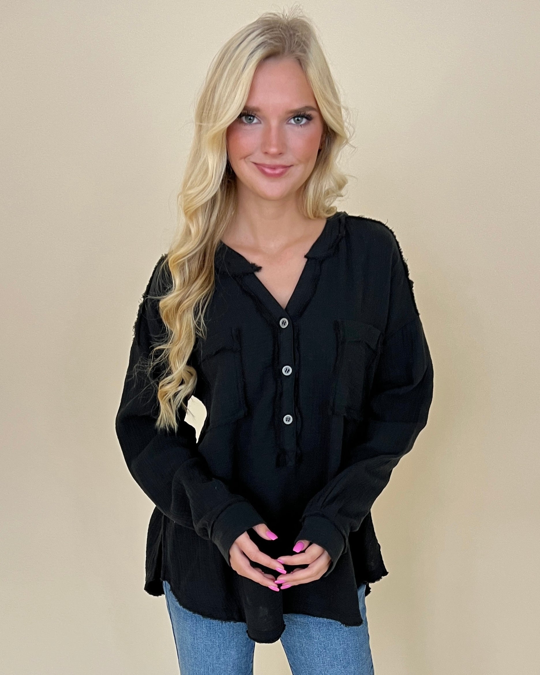 Into The Wind Black Gauze Button Down Top-Shop-Womens-Boutique-Clothing