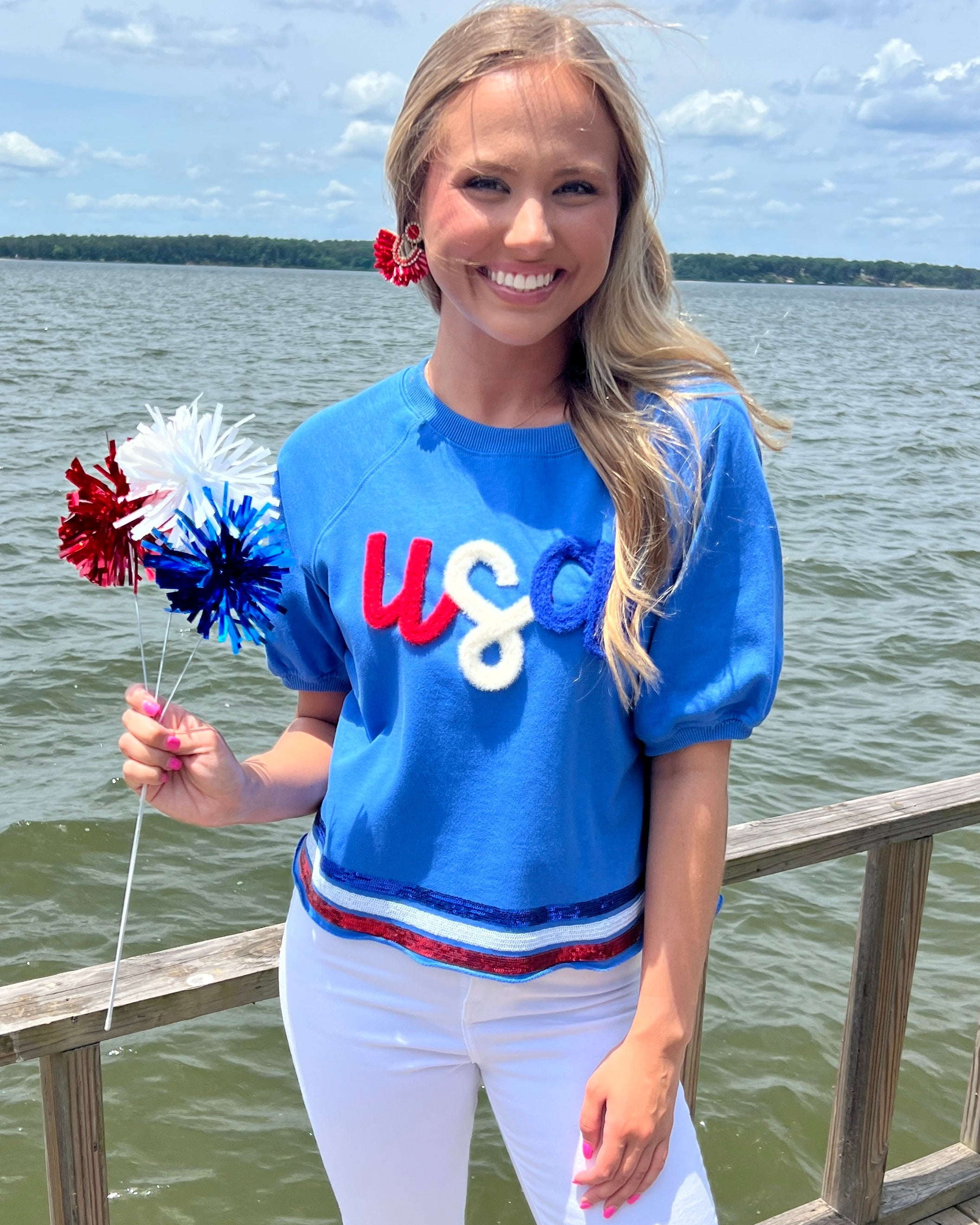 Flying High Blue USA Sequin Crop Top-Shop-Womens-Boutique-Clothing