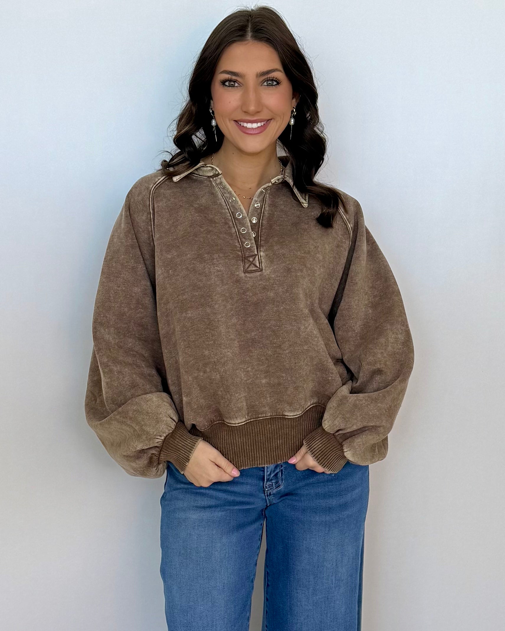 Cloud Nine Mocha Washed Button Up Sweatshirt-Shop-Womens-Boutique-Clothing