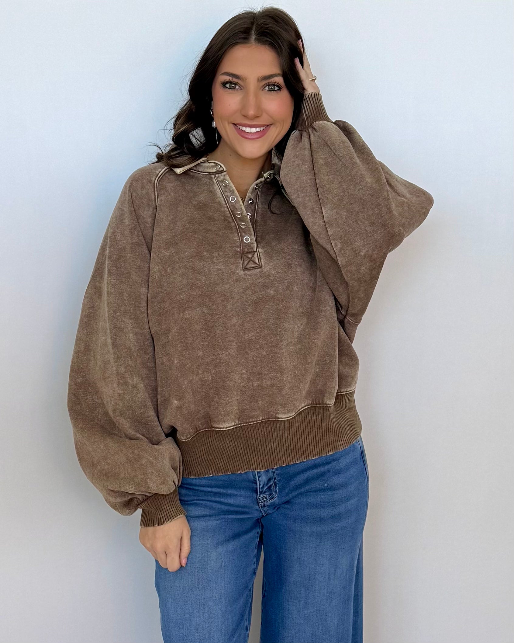 Cloud Nine Mocha Washed Button Up Sweatshirt-Shop-Womens-Boutique-Clothing