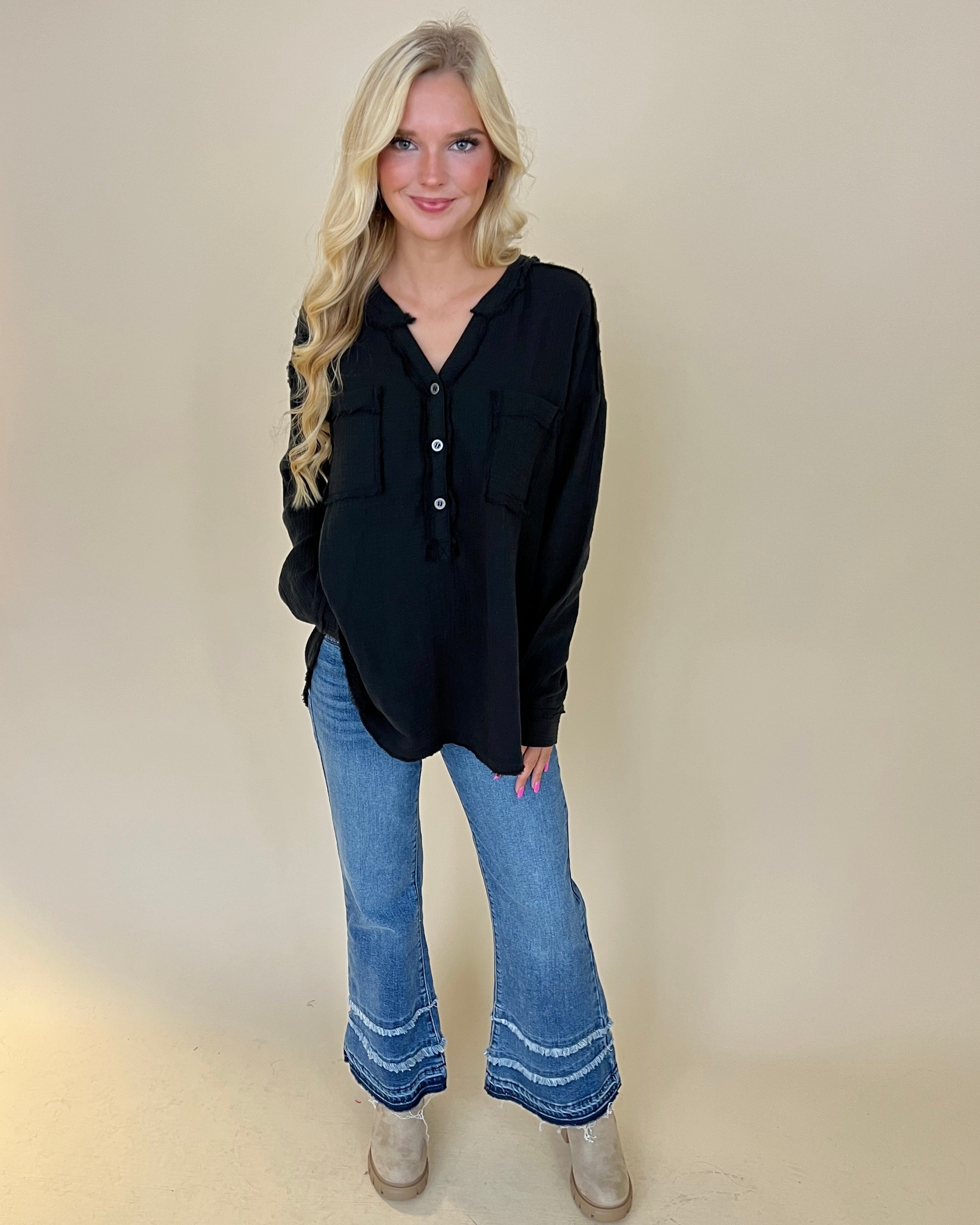 Into The Wind Black Gauze Button Down Top-Shop-Womens-Boutique-Clothing