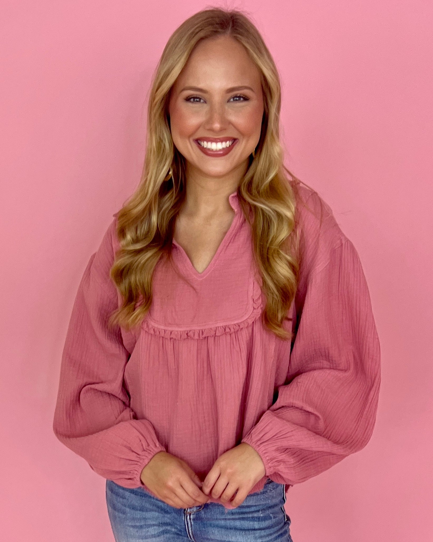 Slowing Down Rose Collared Ruffle Top-Shop-Womens-Boutique-Clothing