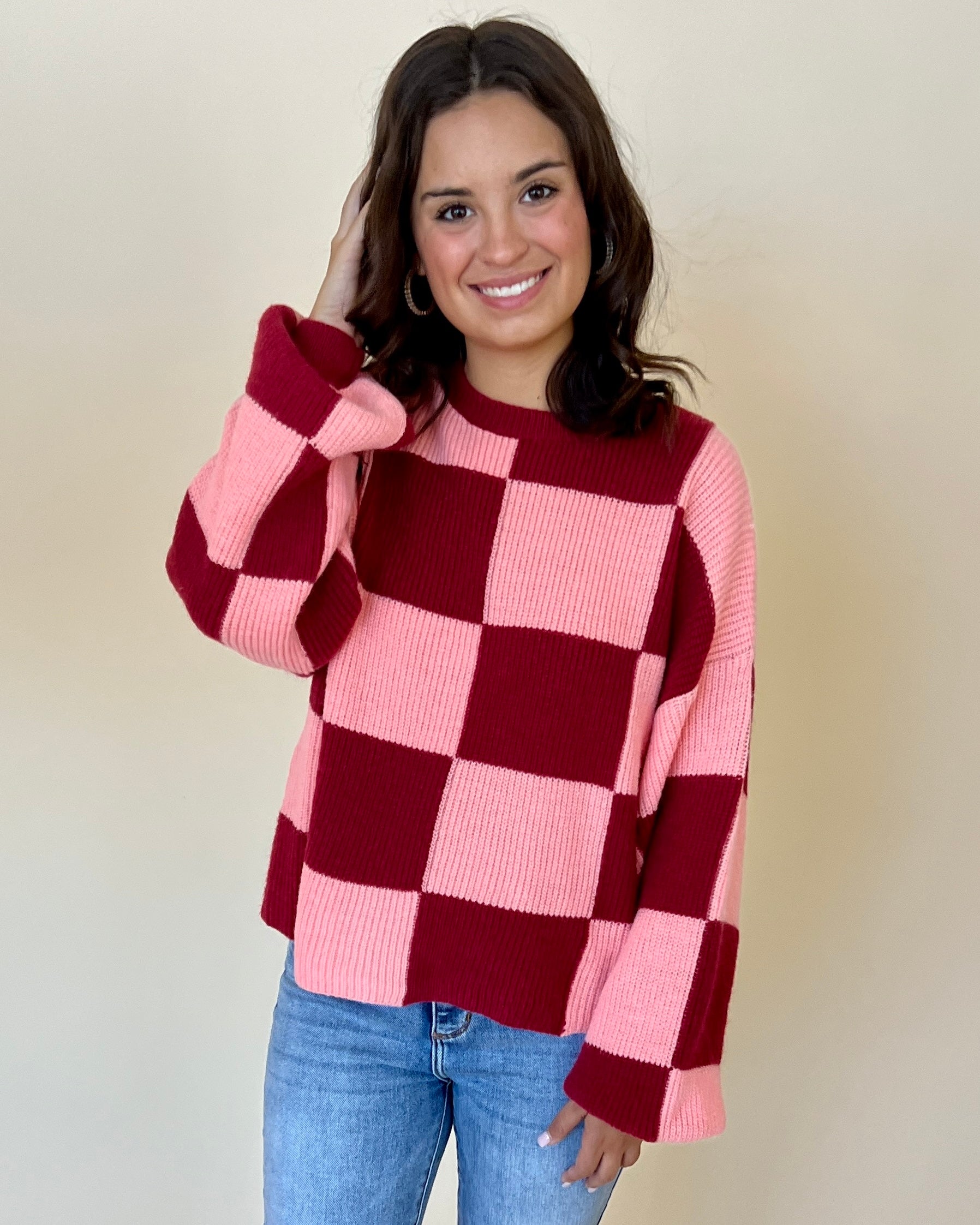 No Shortcuts Brick Peach Checkered Sweater-Shop-Womens-Boutique-Clothing