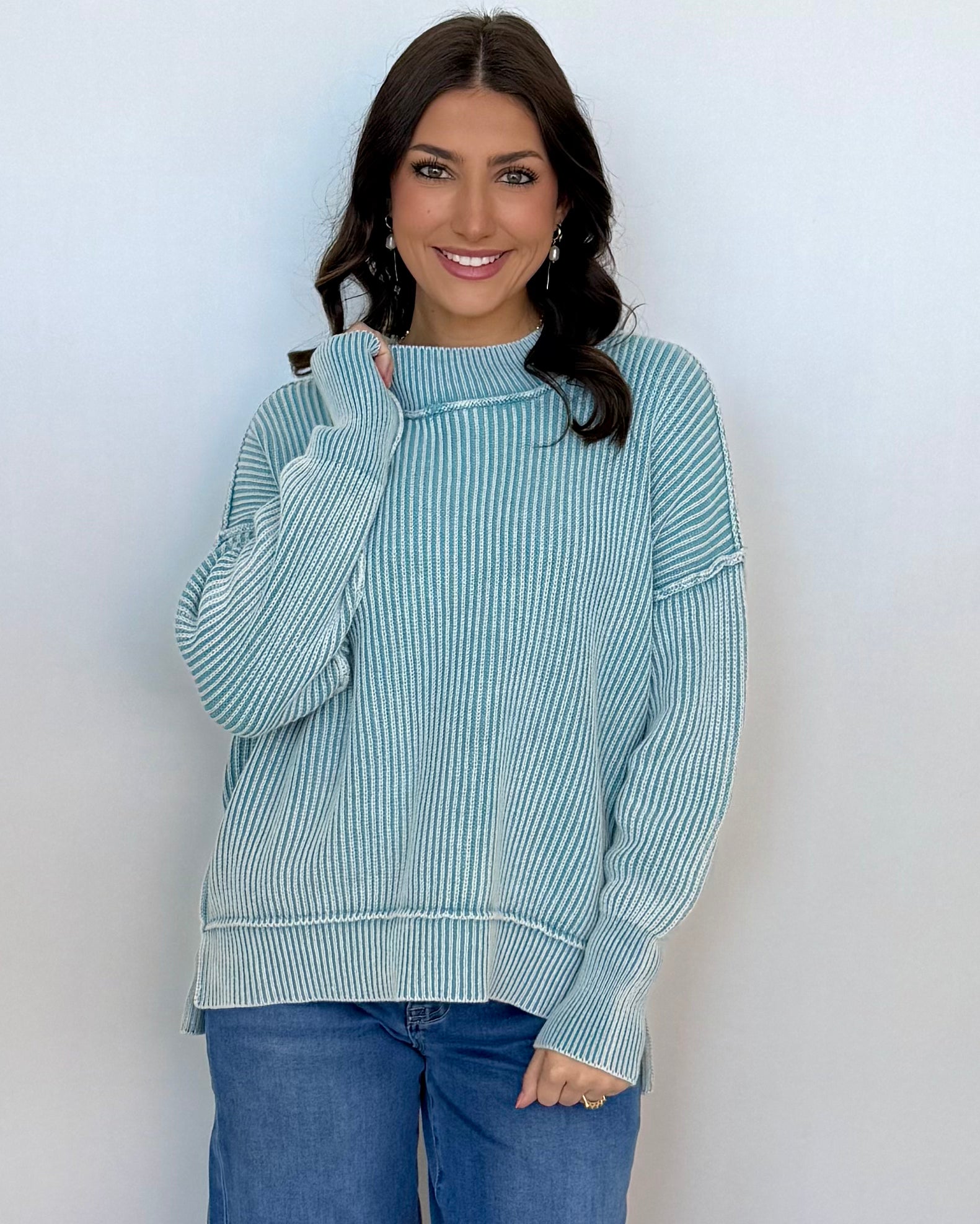 Alpine Comfort Dusty Teal Washed Slit Sweater-Shop-Womens-Boutique-Clothing