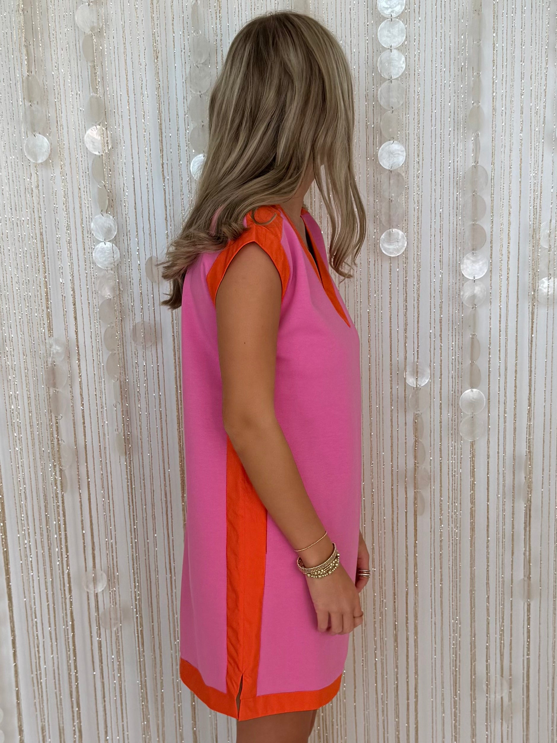 Sunlit Retreat Pink/Orange Drop Shoulder Dress-Shop-Womens-Boutique-Clothing