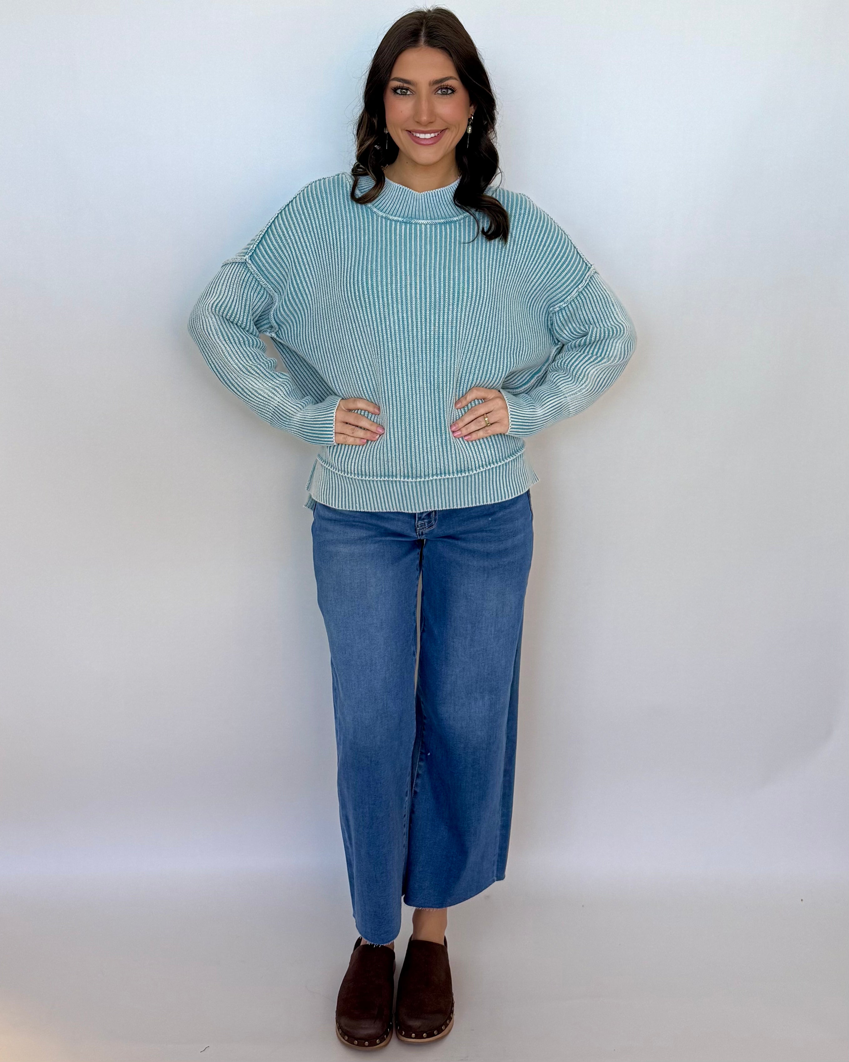 Alpine Comfort Dusty Teal Washed Slit Sweater-Shop-Womens-Boutique-Clothing