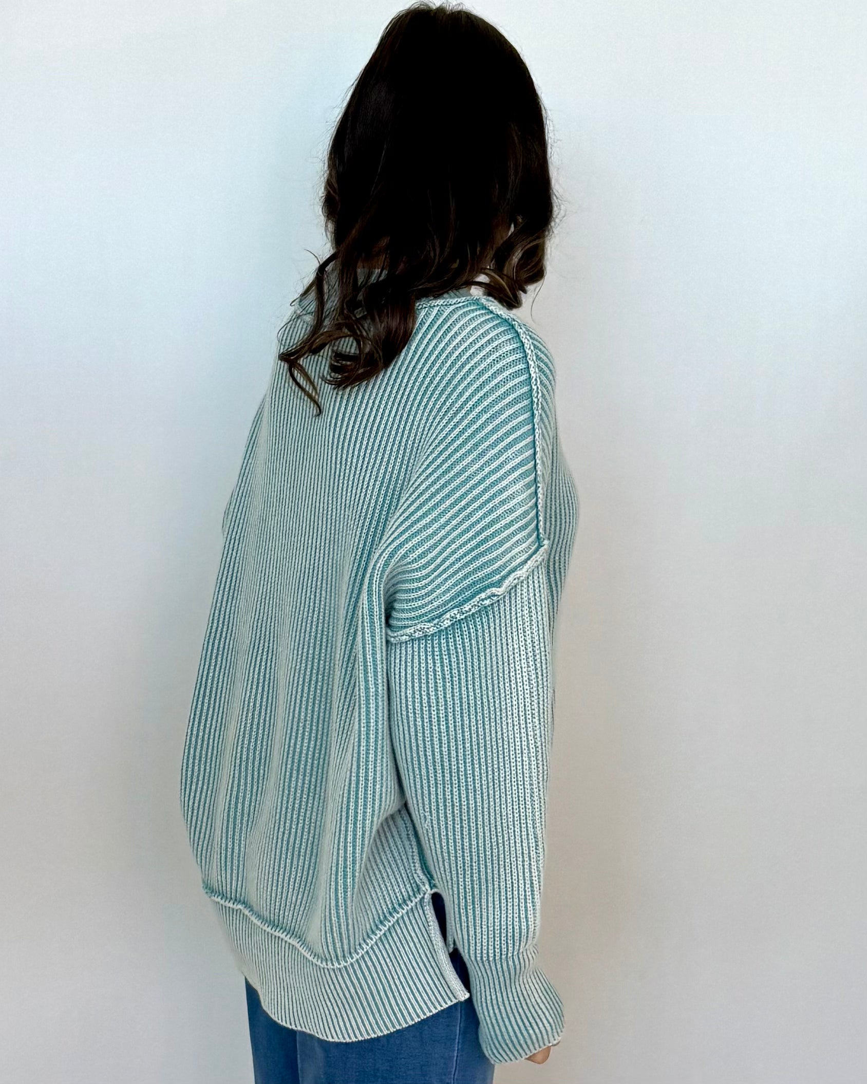 Alpine Comfort Dusty Teal Washed Slit Sweater-Shop-Womens-Boutique-Clothing