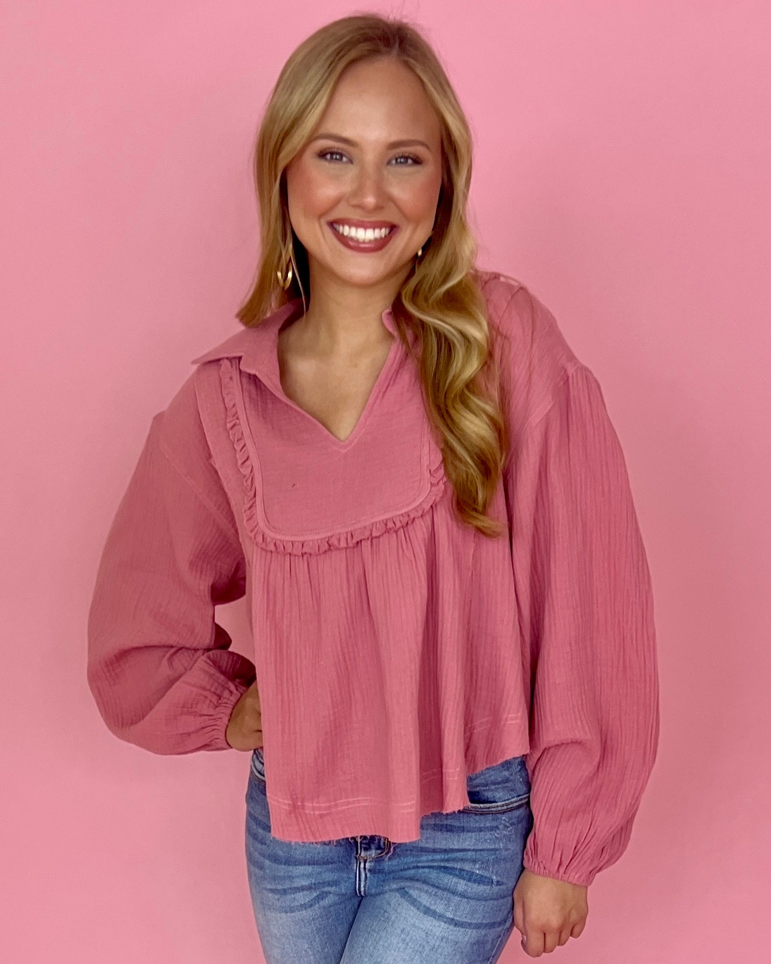 Slowing Down Rose Collared Ruffle Top-Shop-Womens-Boutique-Clothing