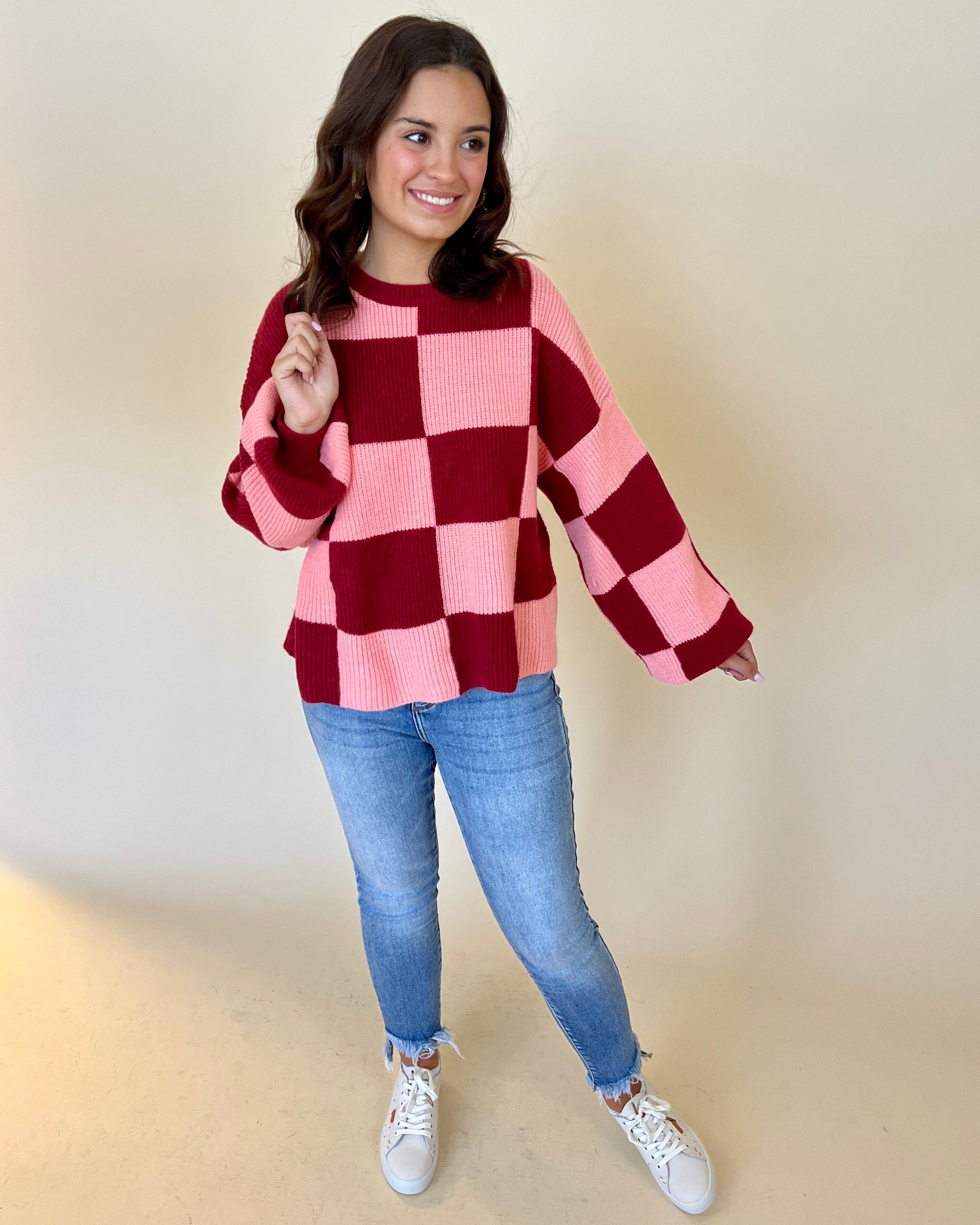 No Shortcuts Brick Peach Checkered Sweater-Shop-Womens-Boutique-Clothing