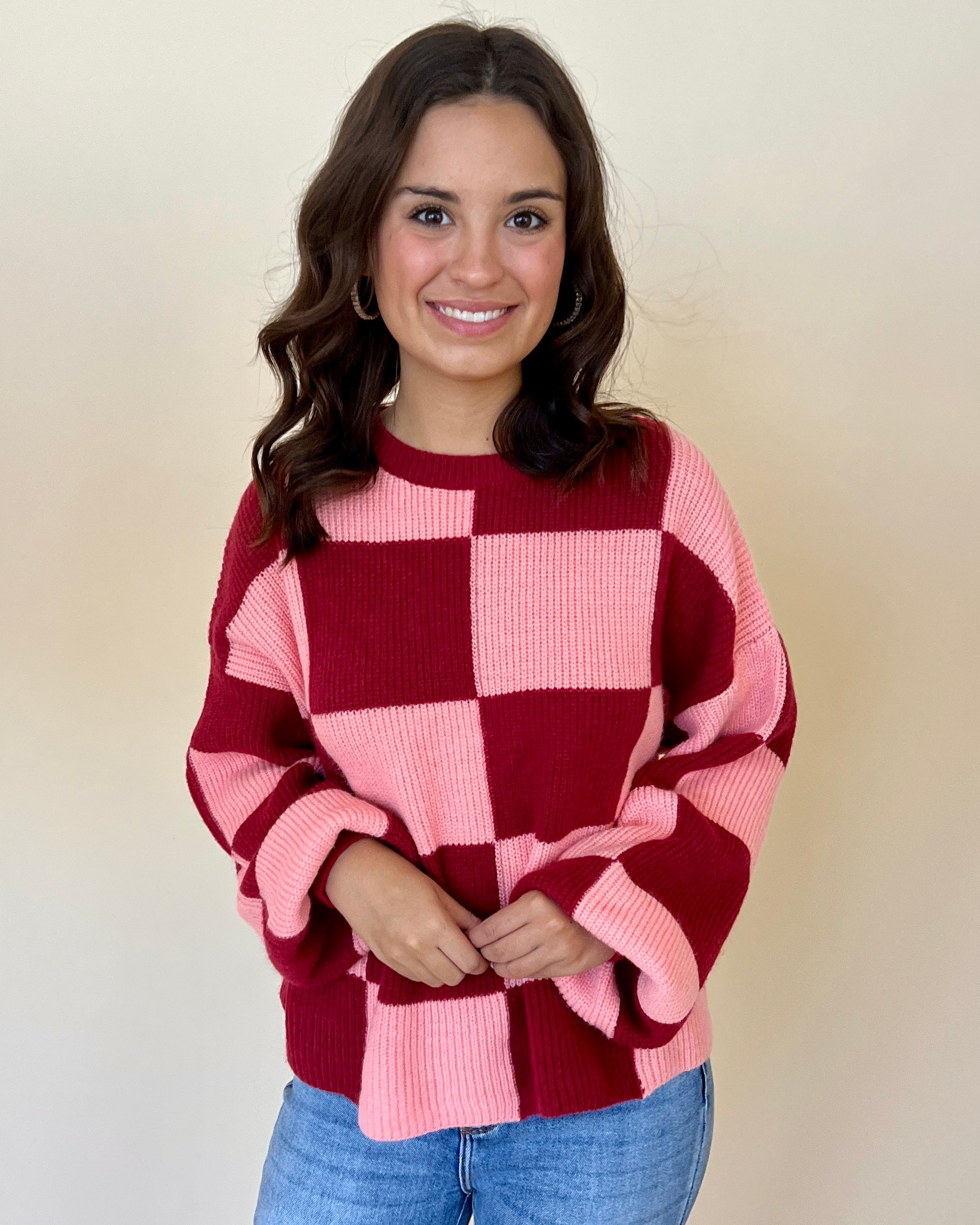 No Shortcuts Brick Peach Checkered Sweater-Shop-Womens-Boutique-Clothing
