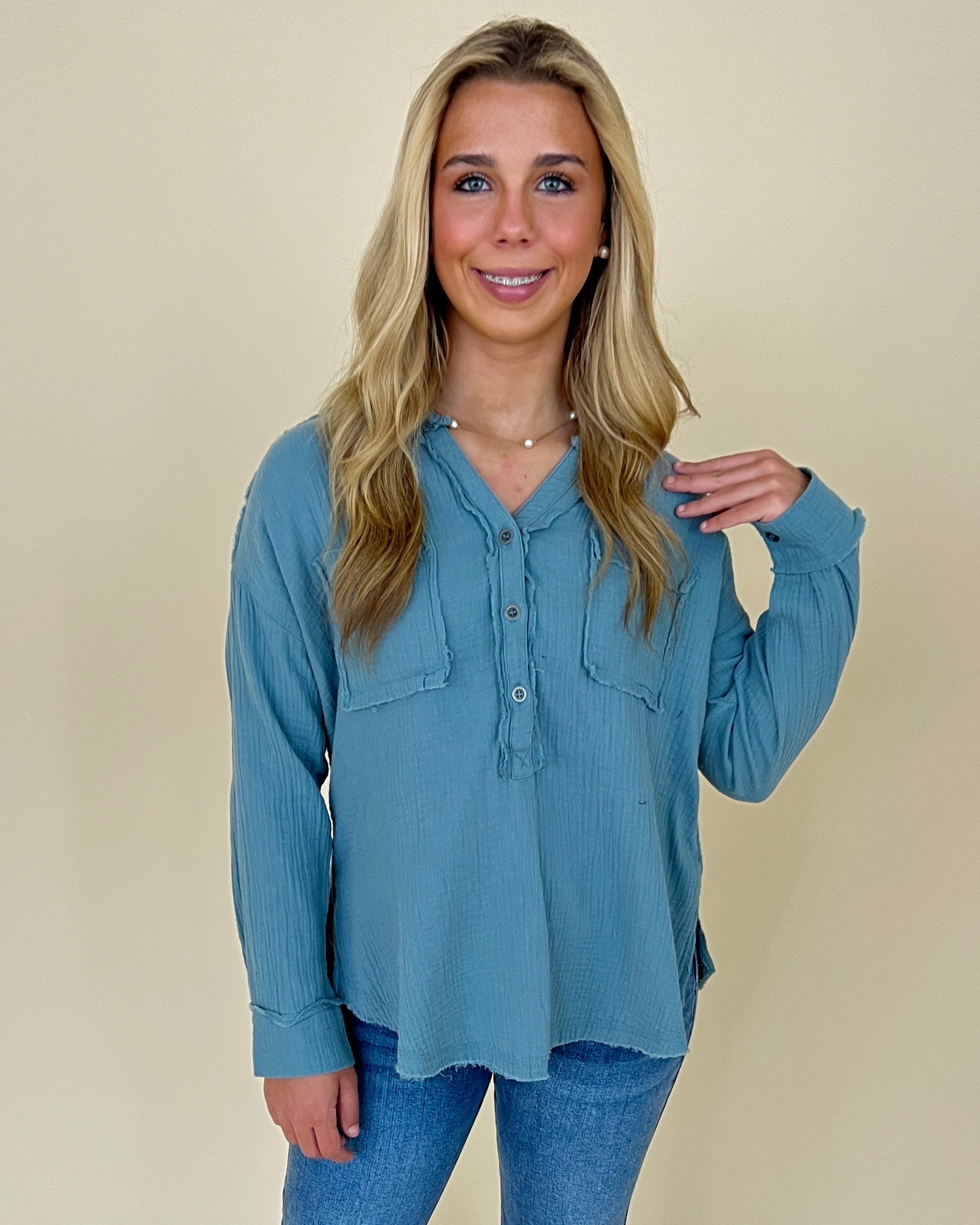 Into The Wind Blue Grey Gauze Button Down Top-Shop-Womens-Boutique-Clothing