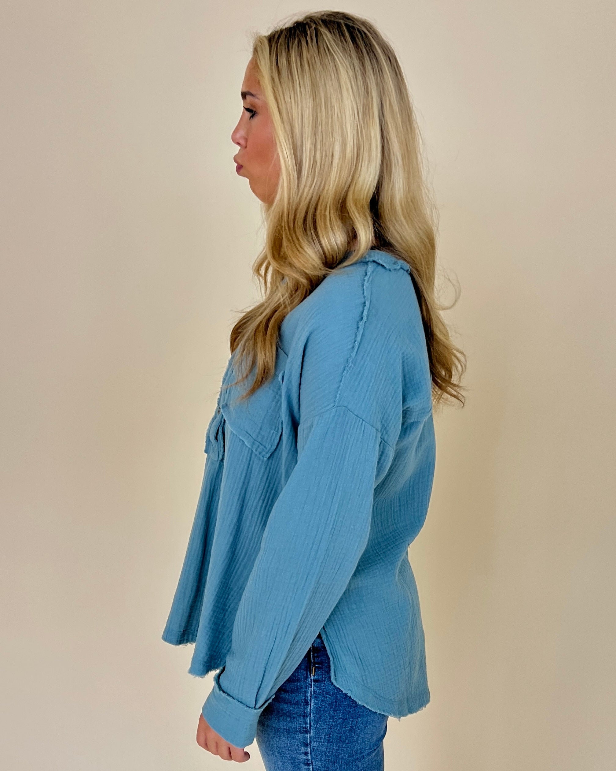 Into The Wind Blue Grey Gauze Button Down Top-Shop-Womens-Boutique-Clothing