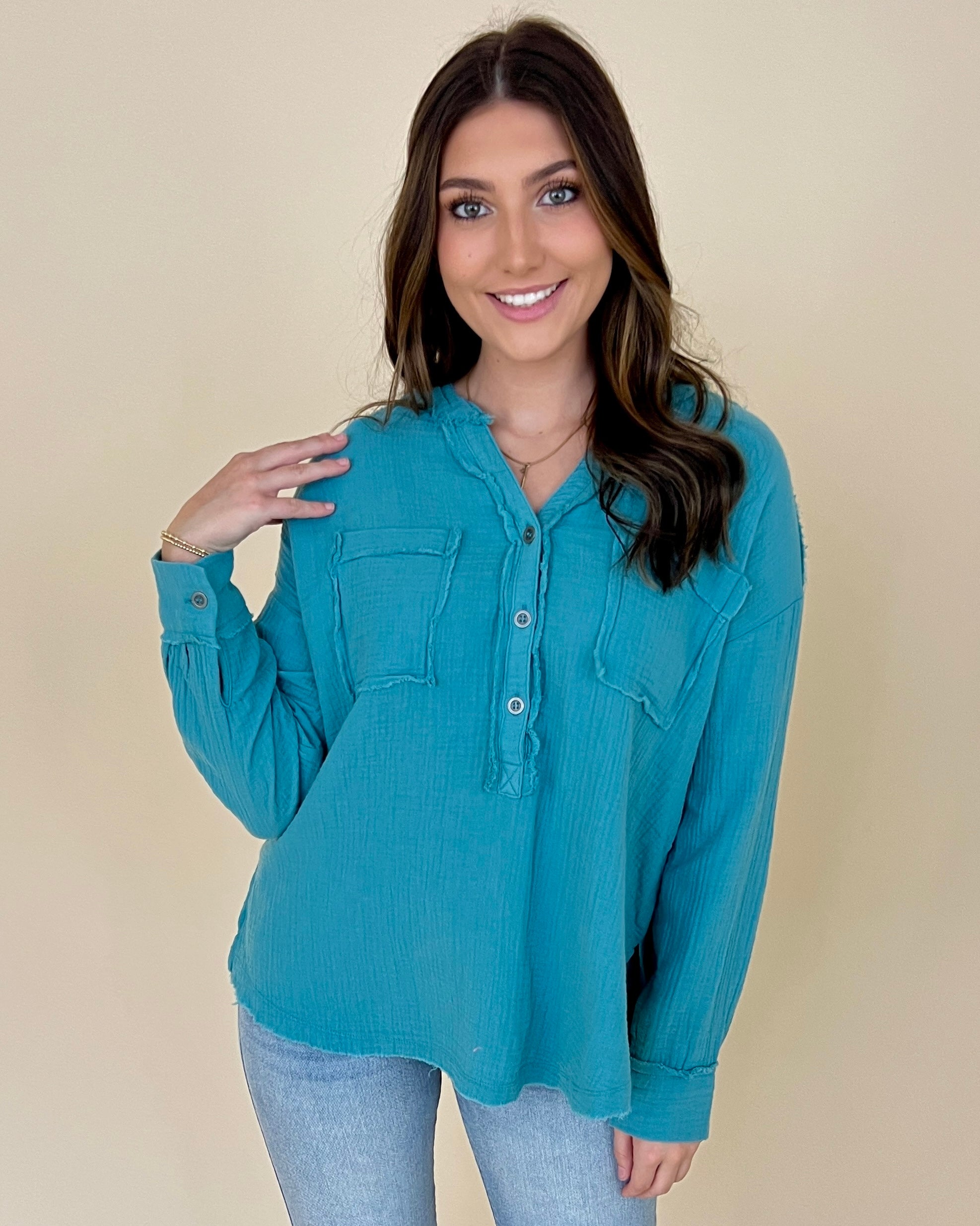 Into The Wind Dusty Teal Gauze Button Down Top-Shop-Womens-Boutique-Clothing