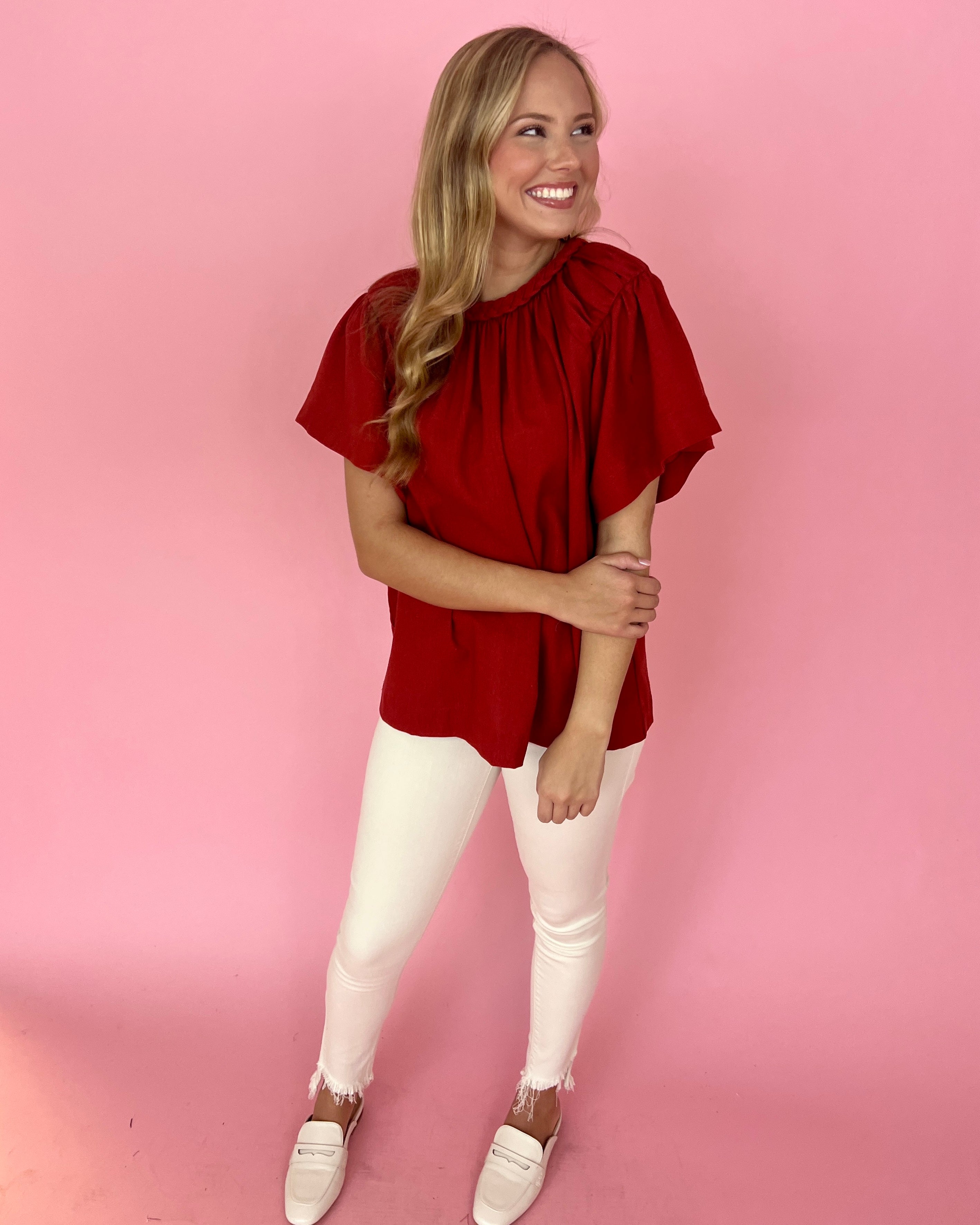 Getting Along Brick Braided Detail Ruffle Top-Shop-Womens-Boutique-Clothing