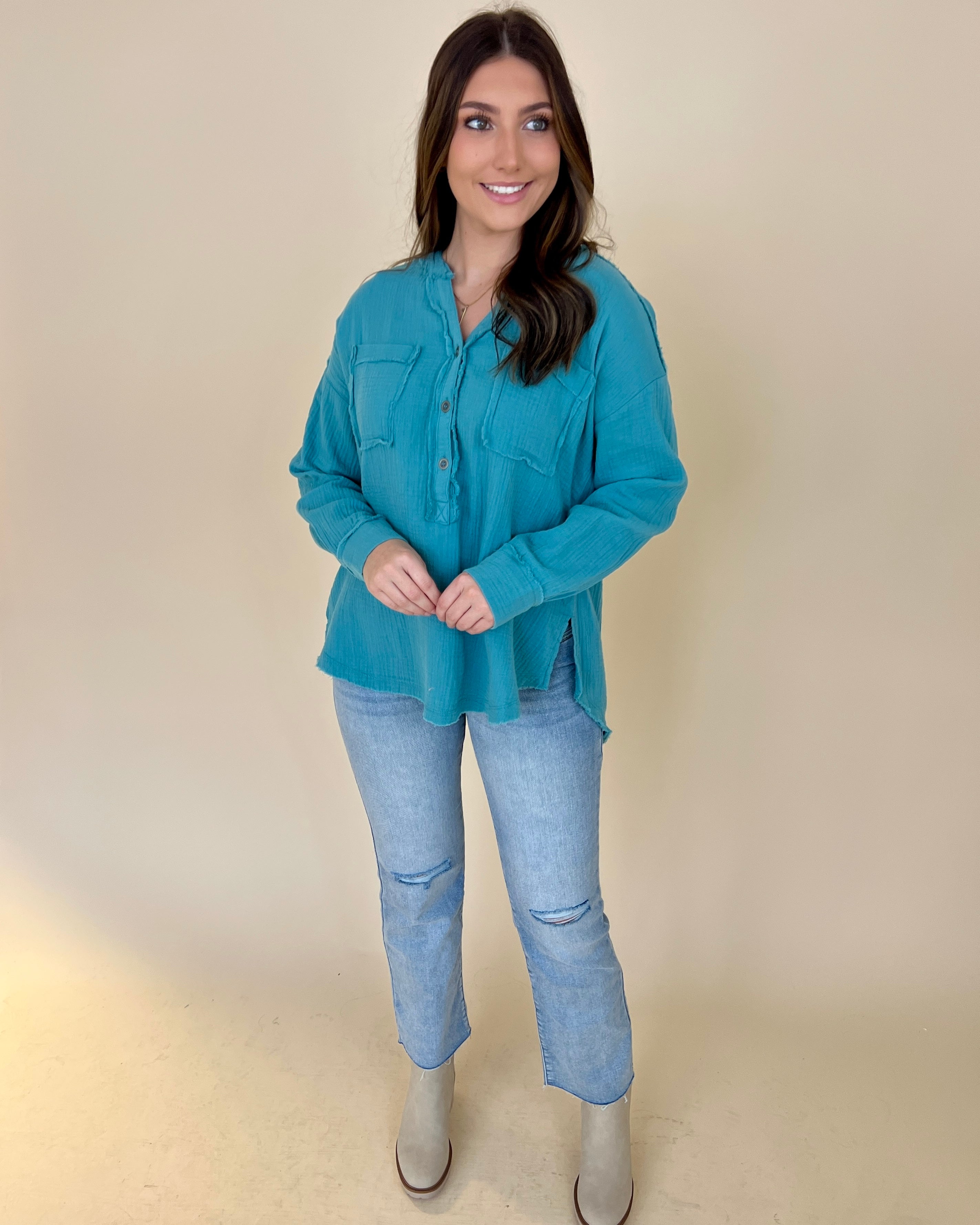 Into The Wind Dusty Teal Gauze Button Down Top-Shop-Womens-Boutique-Clothing