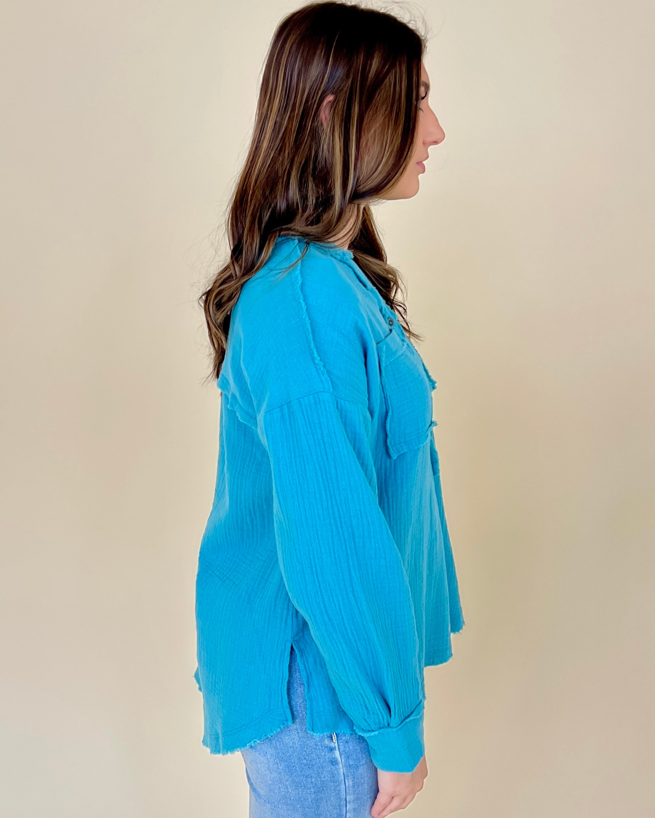 Into The Wind Dusty Teal Gauze Button Down Top-Shop-Womens-Boutique-Clothing