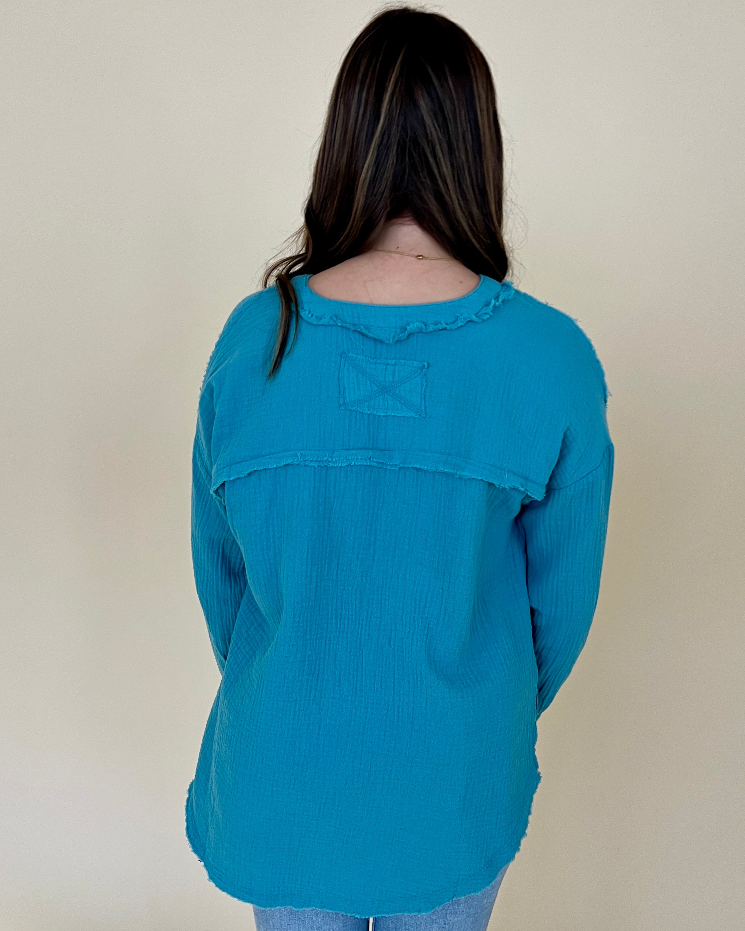 Into The Wind Dusty Teal Gauze Button Down Top-Shop-Womens-Boutique-Clothing