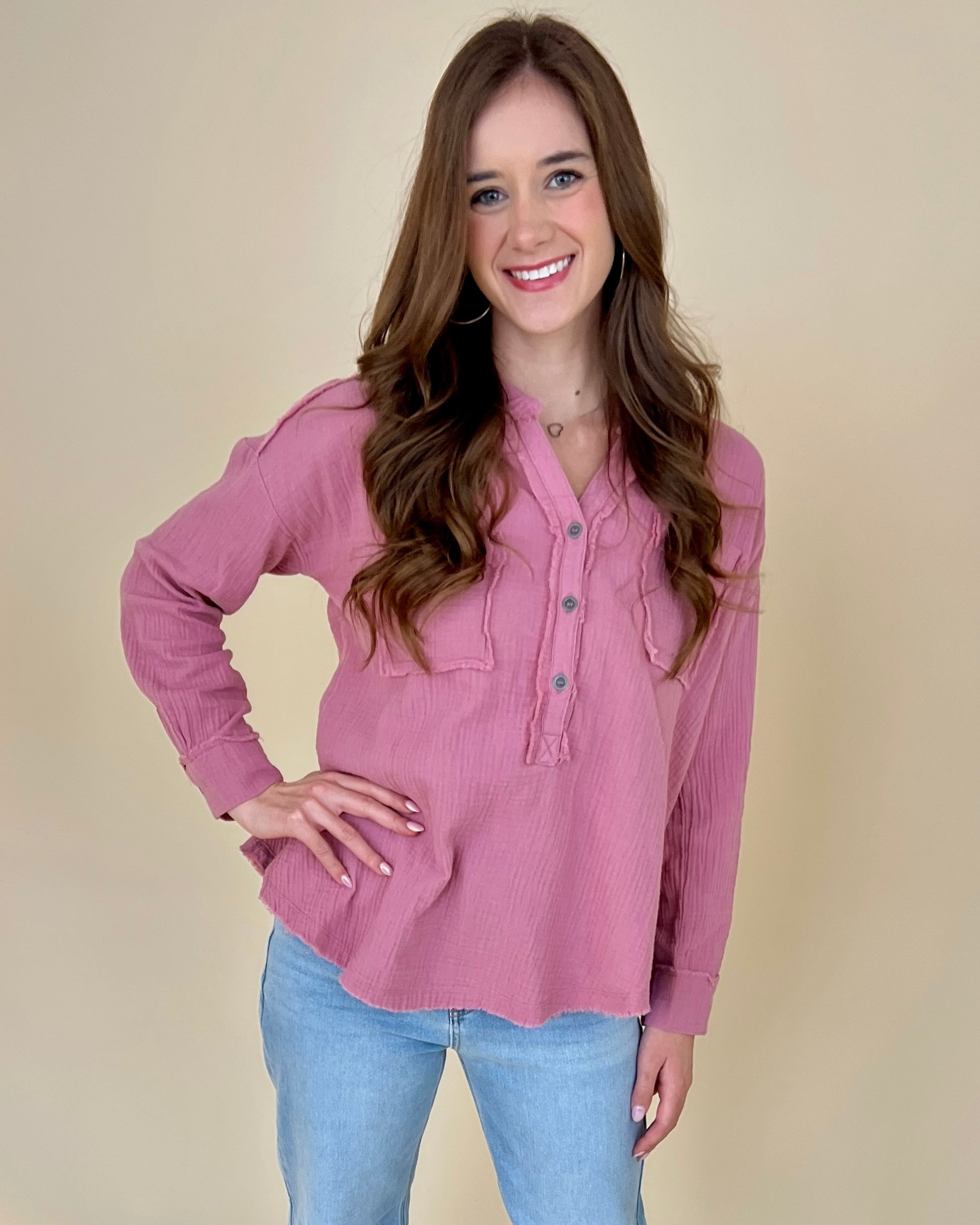 Into The Wind Lt Rose Gauze Button Down Top-Shop-Womens-Boutique-Clothing