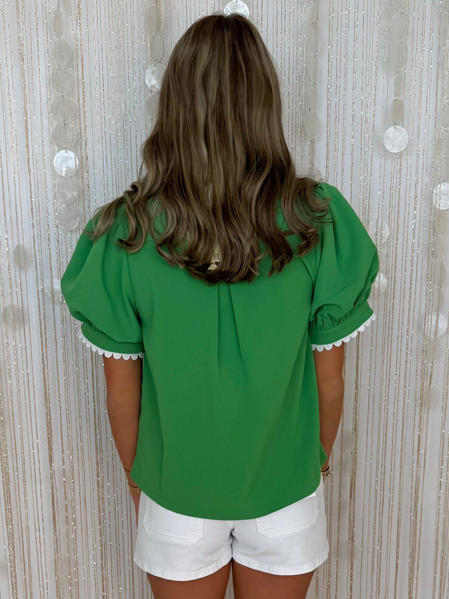 Island Outline Kelly Green V-neck Ric Rac Top-Shop-Womens-Boutique-Clothing