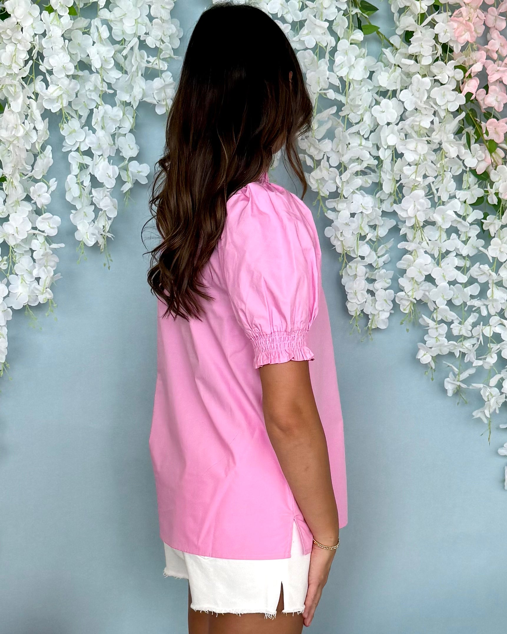 So In Love Pink Smocked V-Neck Top-Shop-Womens-Boutique-Clothing