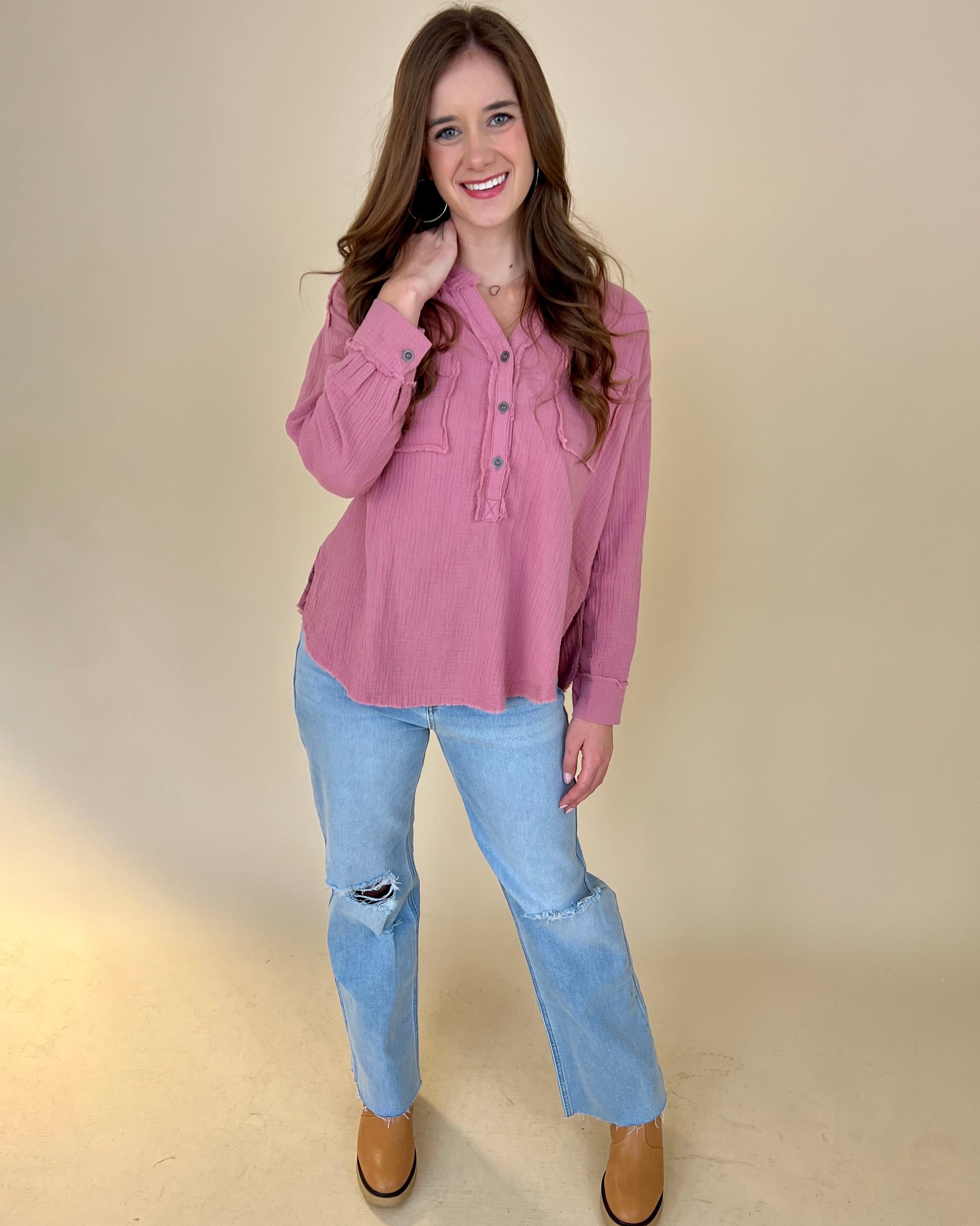 Into The Wind Lt Rose Gauze Button Down Top-Shop-Womens-Boutique-Clothing