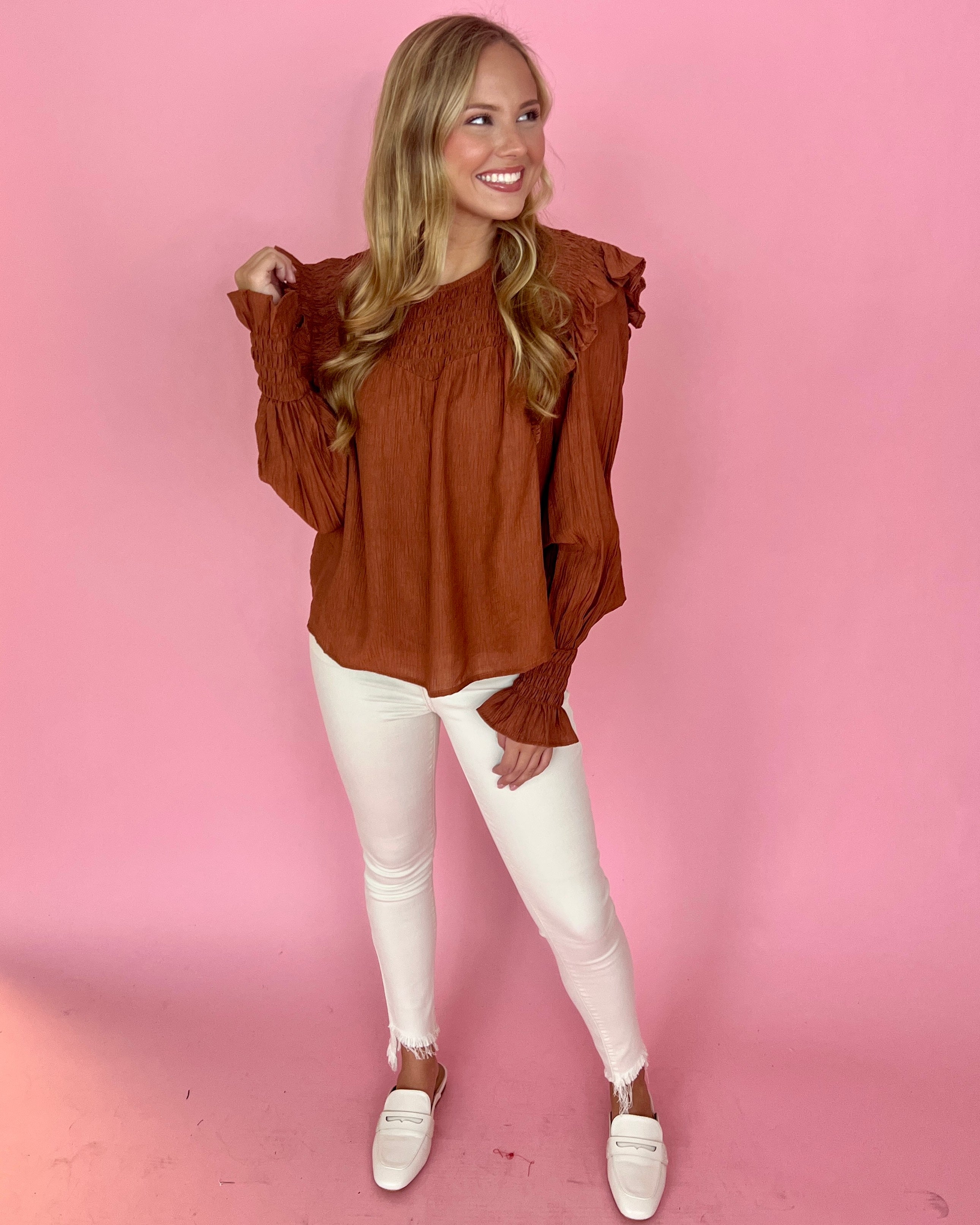 Just This Once Cinnamon Smocked Top-Shop-Womens-Boutique-Clothing