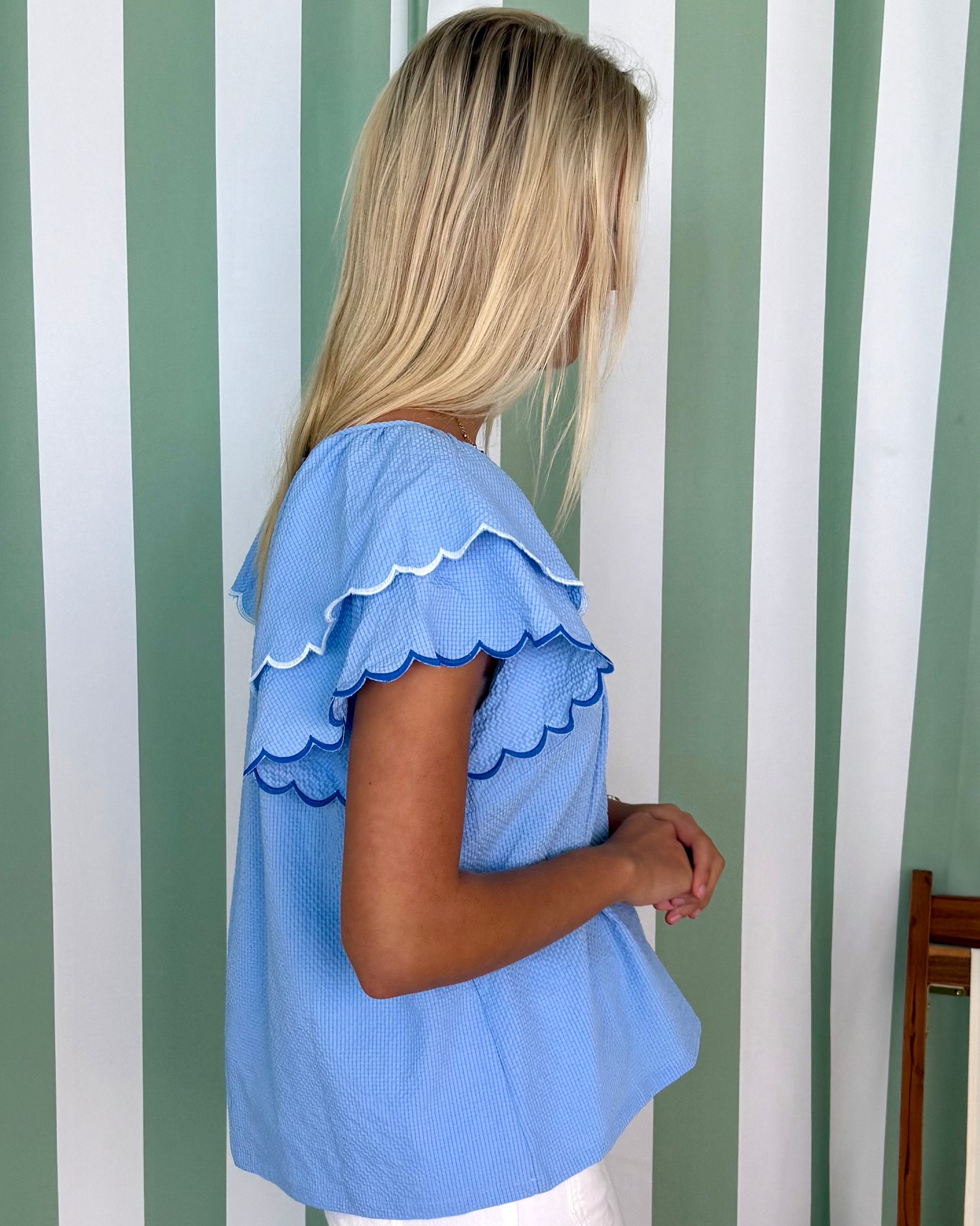 Sparks Fly Lt Blue Textured Scalloped Top-Shop-Womens-Boutique-Clothing