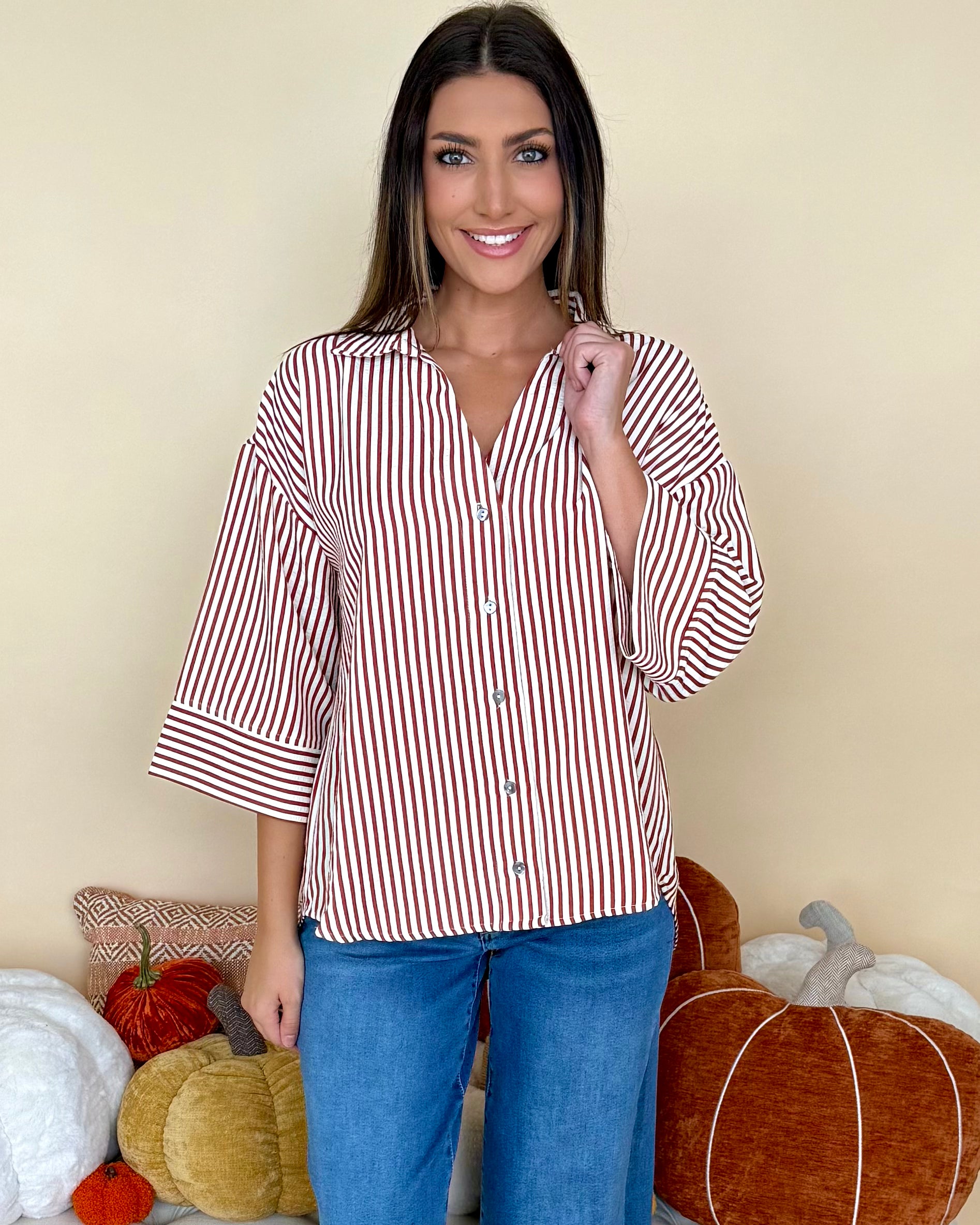 Bottom Line Rust Stripe Collared Top-Shop-Womens-Boutique-Clothing