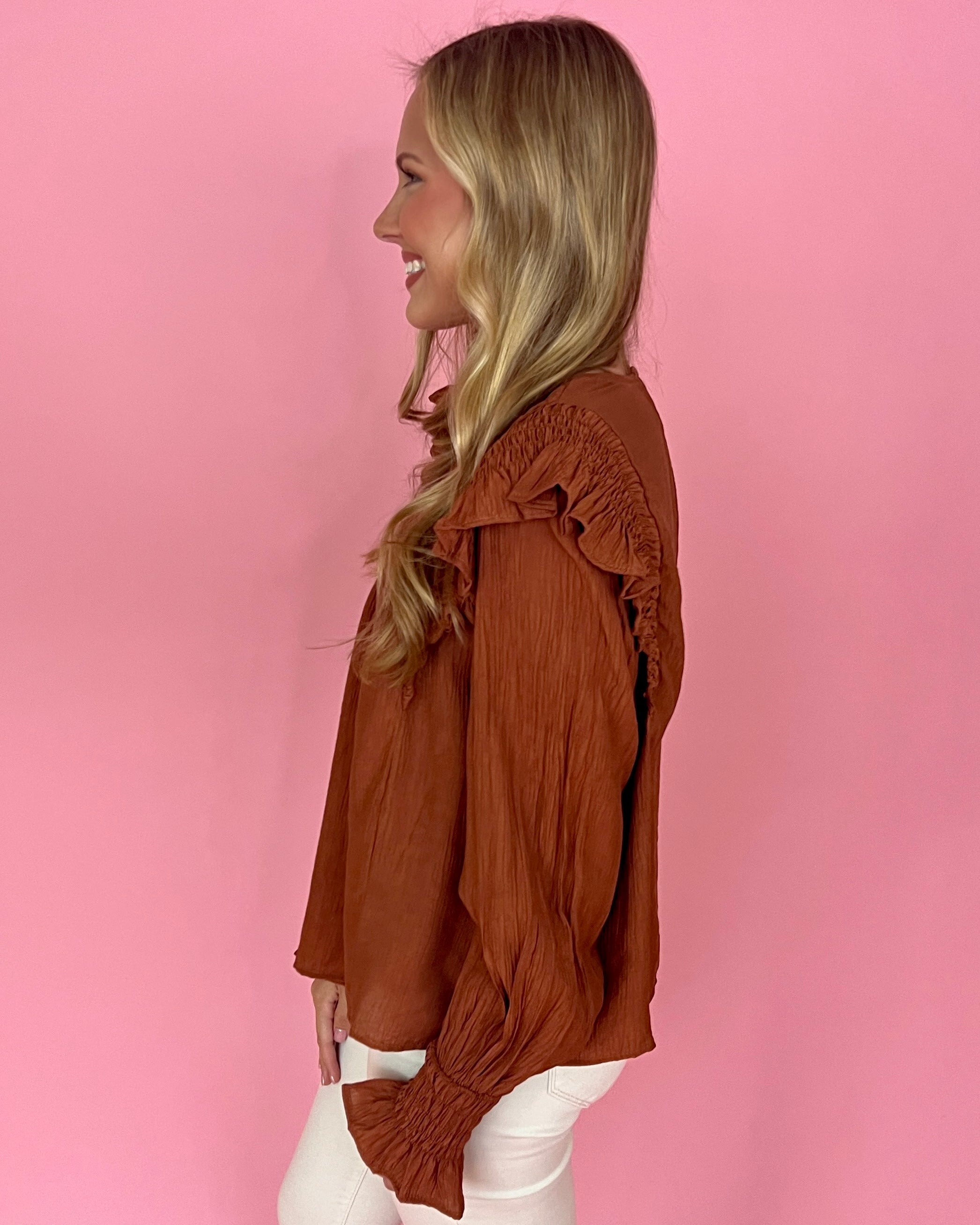 Just This Once Cinnamon Smocked Top-Shop-Womens-Boutique-Clothing