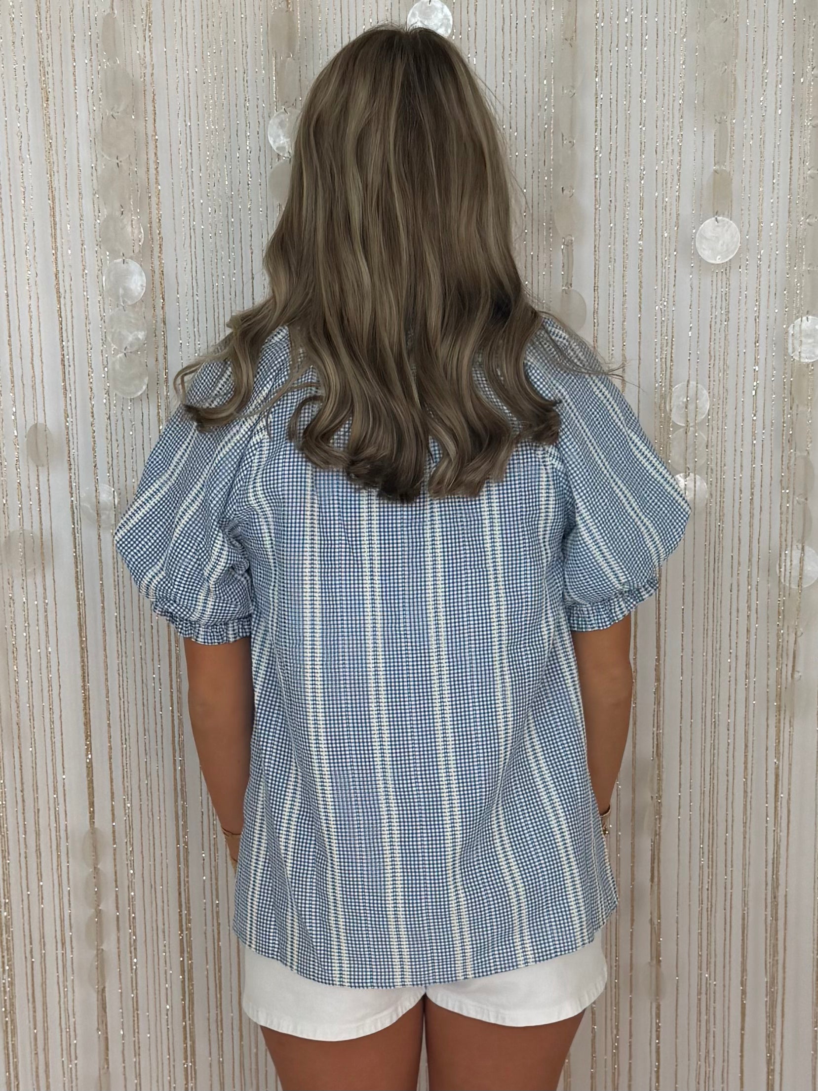 Radiant Beauty Blue Stripe Ruffle Neck Top-Shop-Womens-Boutique-Clothing