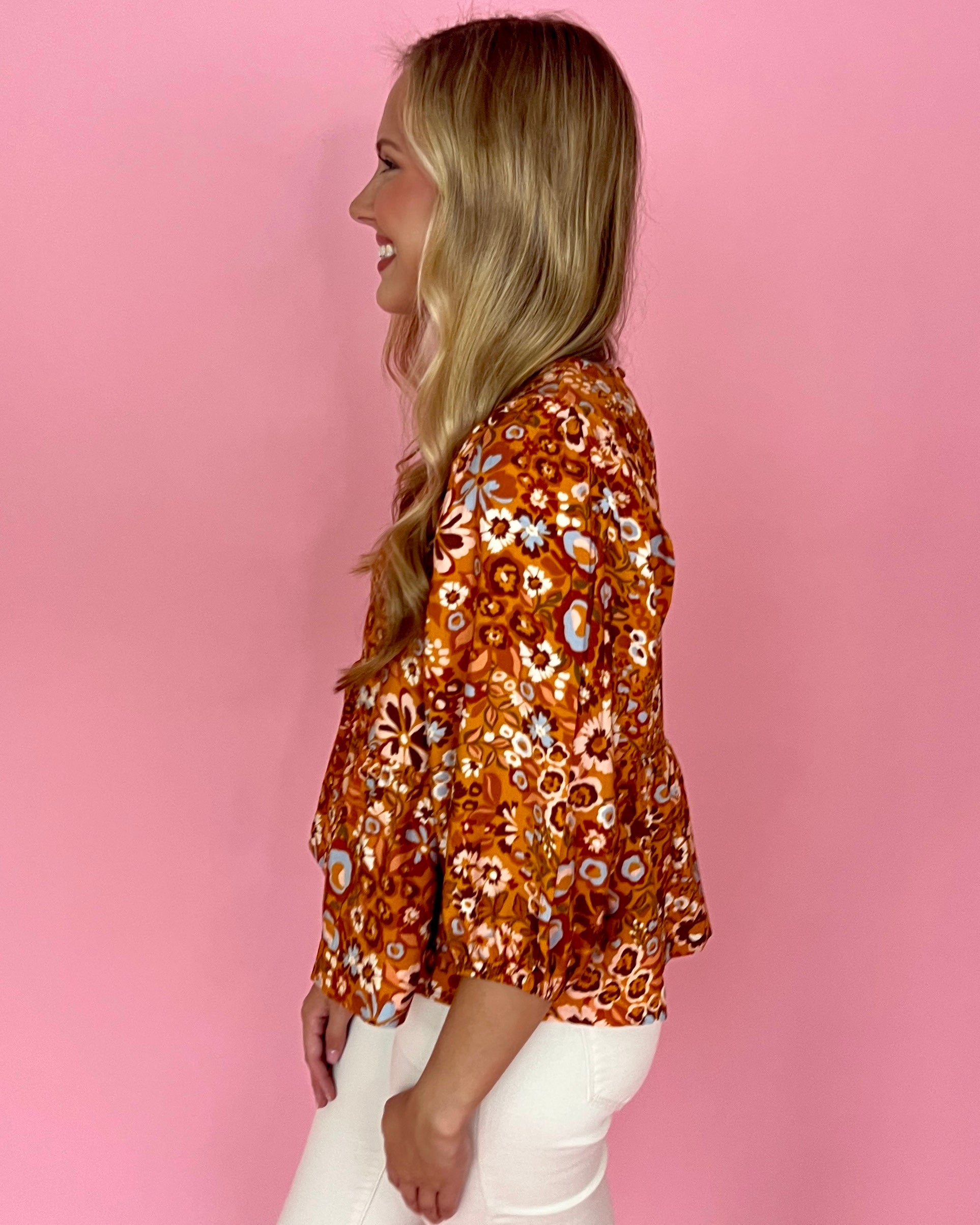 Need You Back Caramel Floral Bubble Sleeve Top-Shop-Womens-Boutique-Clothing