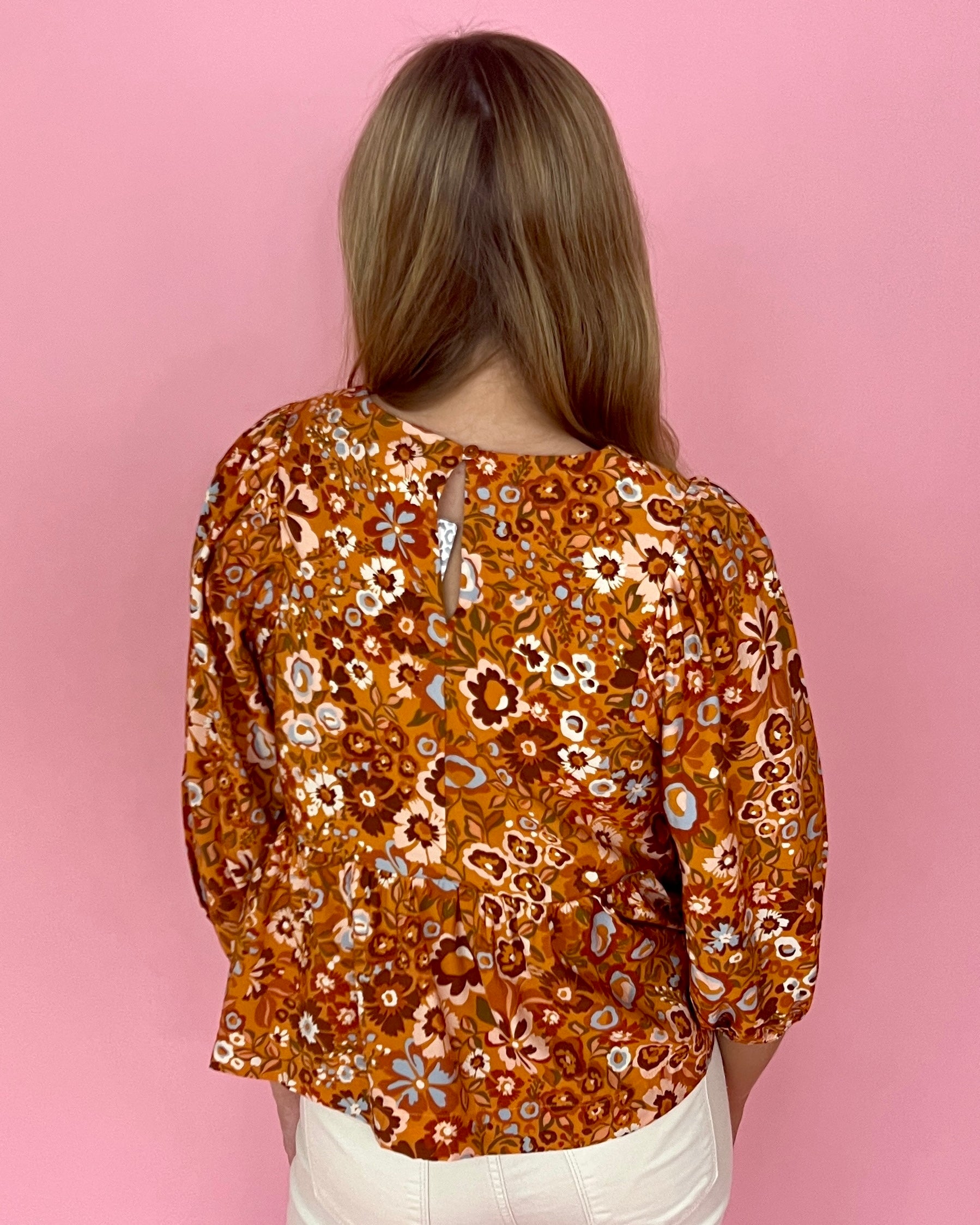 Need You Back Caramel Floral Bubble Sleeve Top-Shop-Womens-Boutique-Clothing
