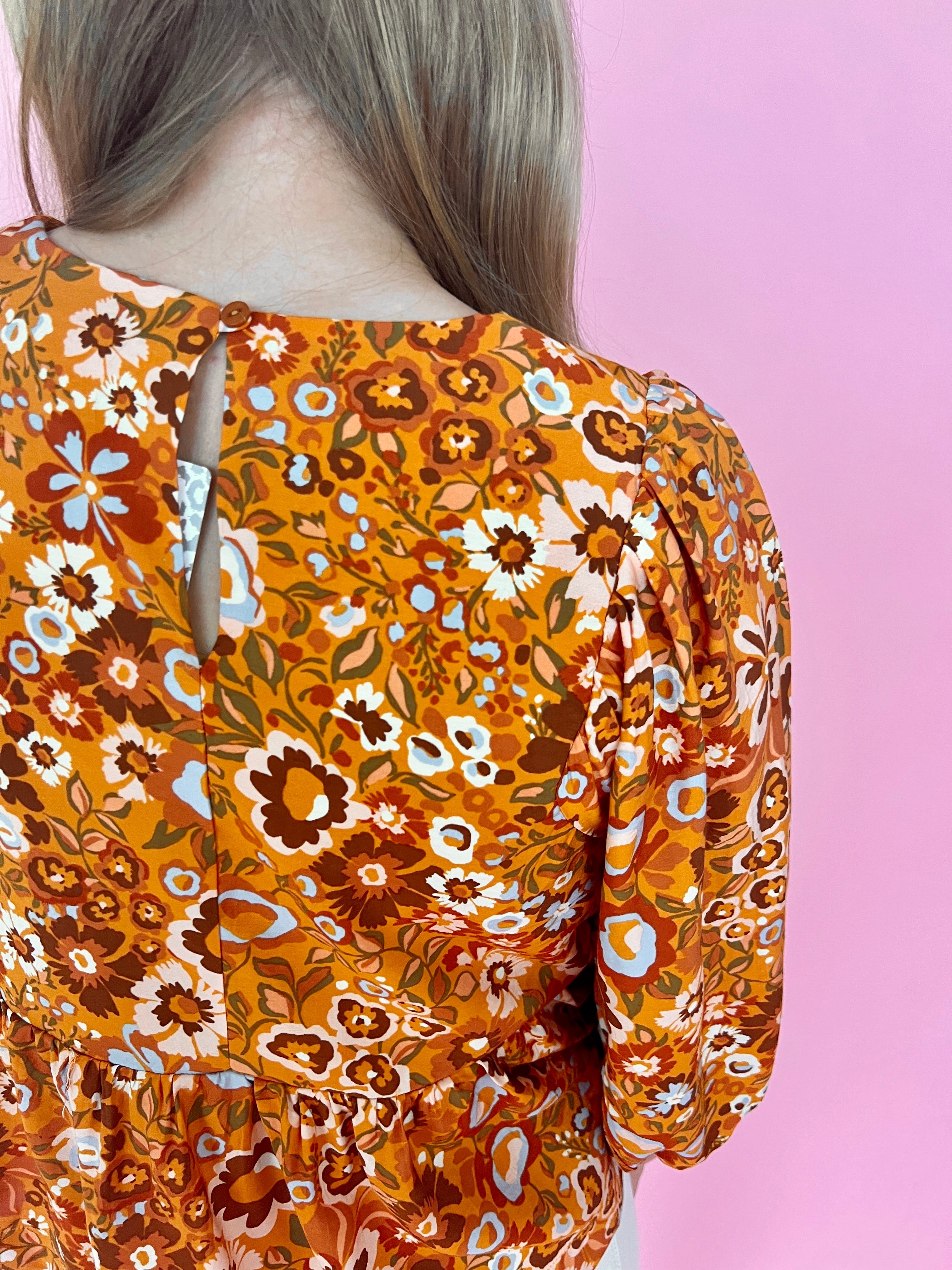 Need You Back Caramel Floral Bubble Sleeve Top-Shop-Womens-Boutique-Clothing