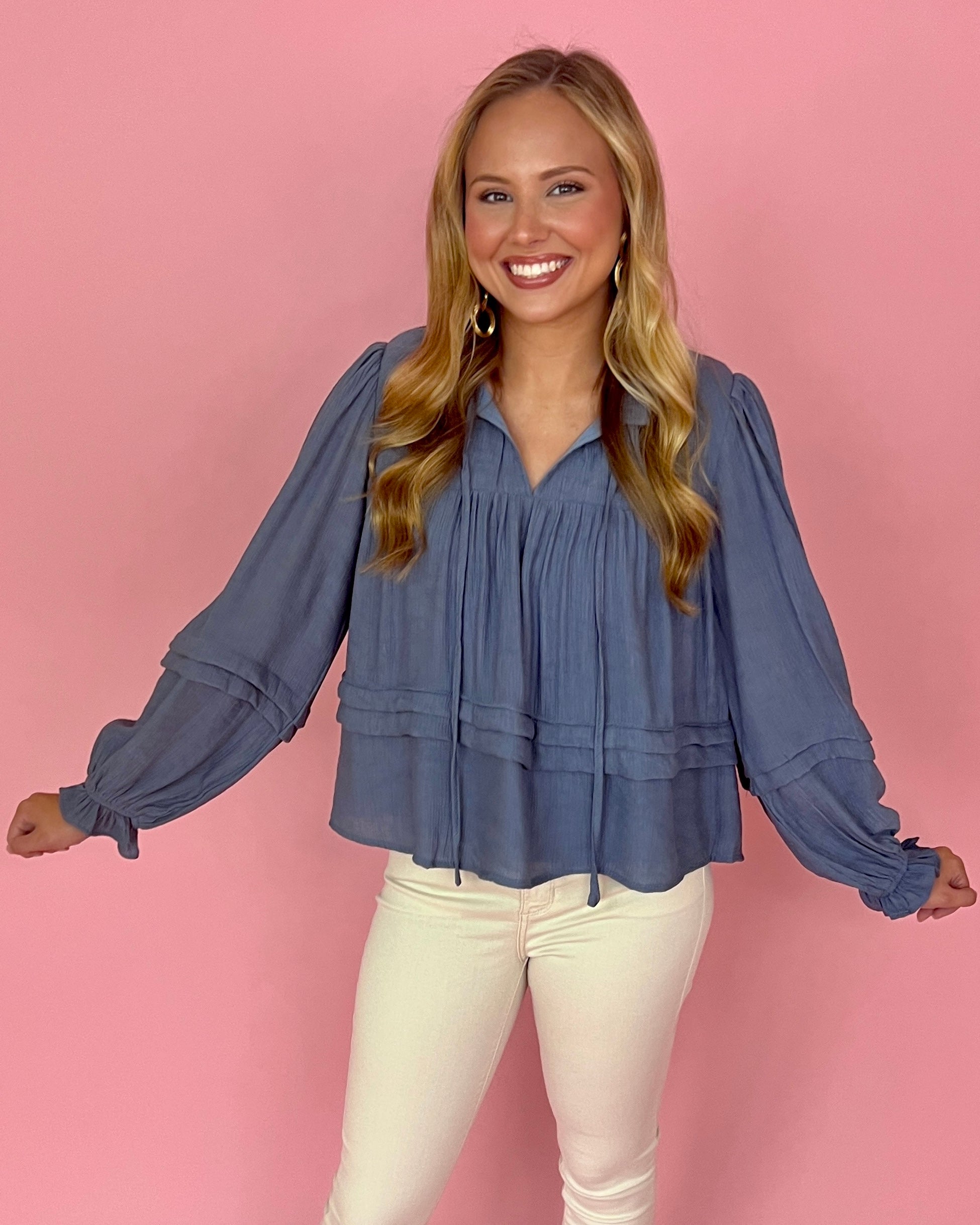 At My Best Dark Blue Split Neck Ruffle Top-Shop-Womens-Boutique-Clothing