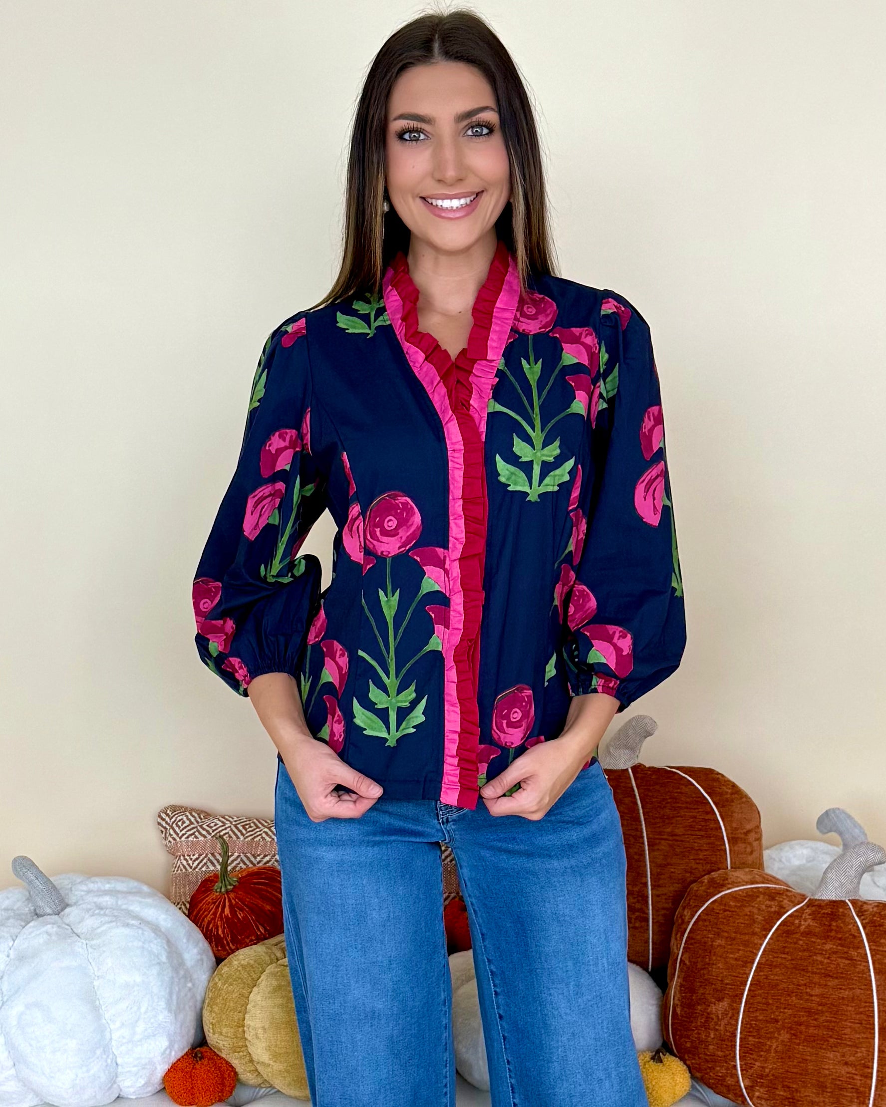 Love To Find Navy Mix Floral Ruffle Top-Shop-Womens-Boutique-Clothing