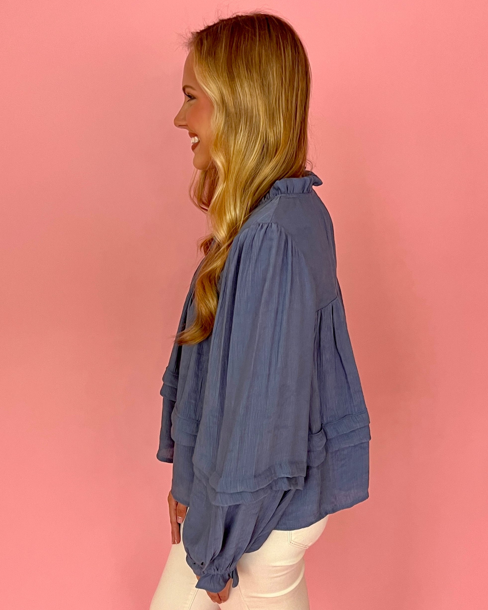 At My Best Dark Blue Split Neck Ruffle Top-Shop-Womens-Boutique-Clothing