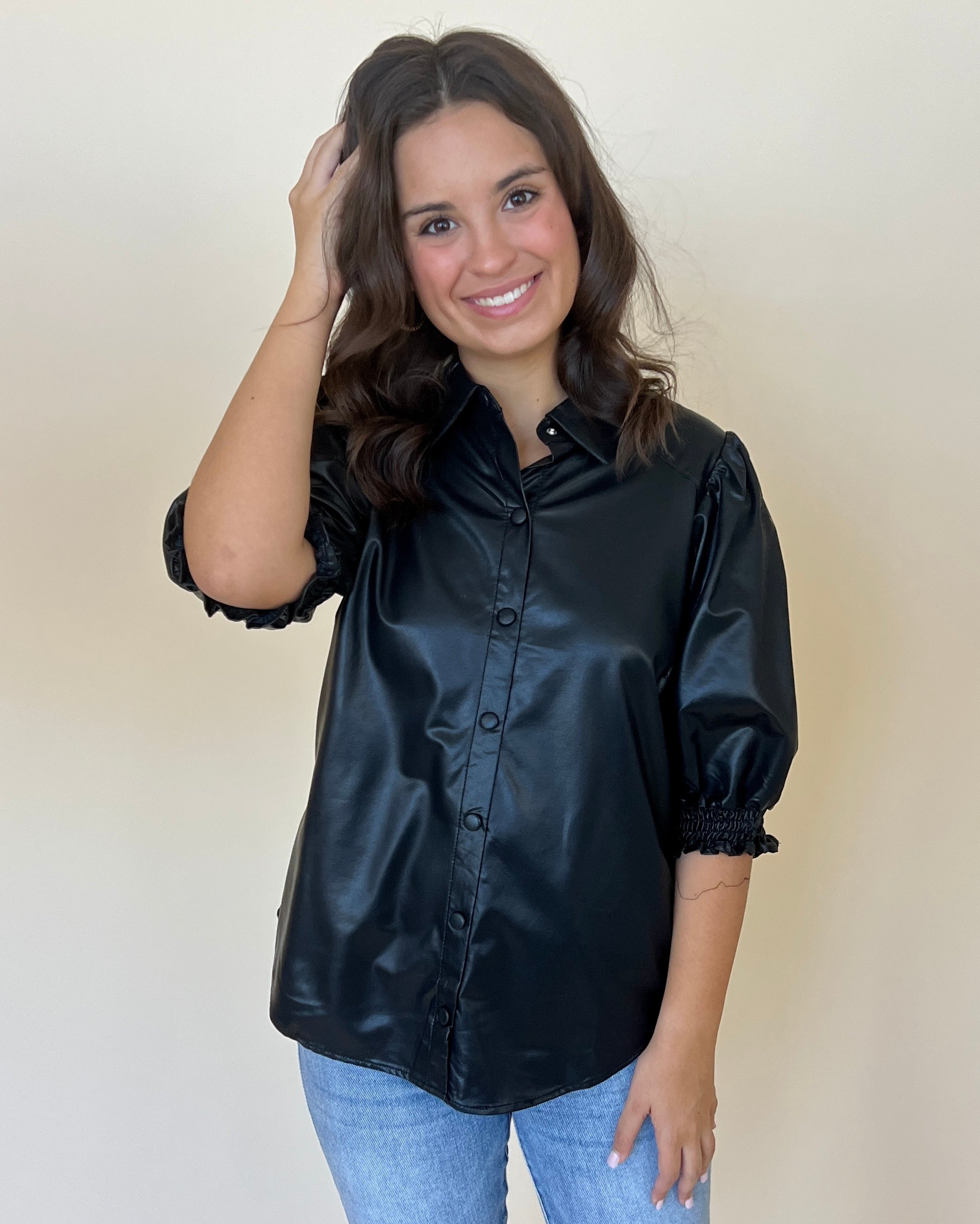 Never Pretend Black Faux Leather Top-Shop-Womens-Boutique-Clothing