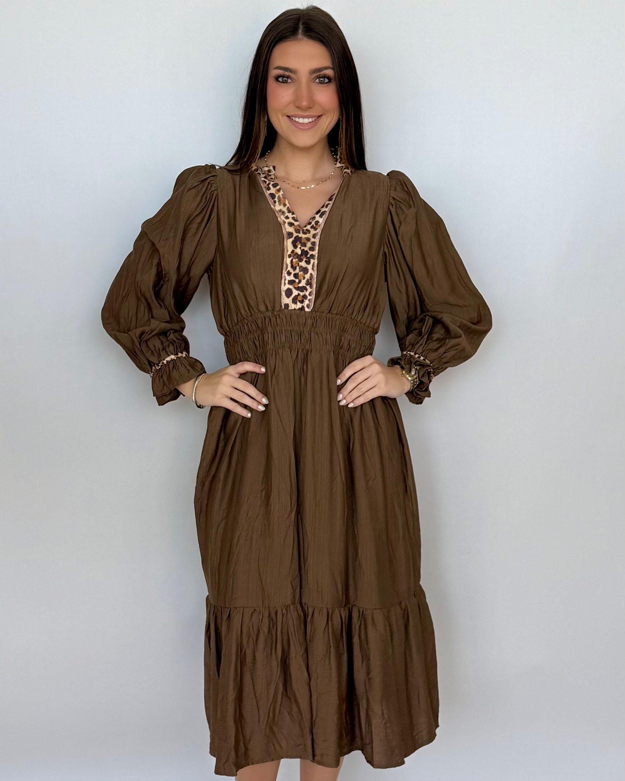 Don't Doubt Brown Ruffle Midi Dress-Shop-Womens-Boutique-Clothing