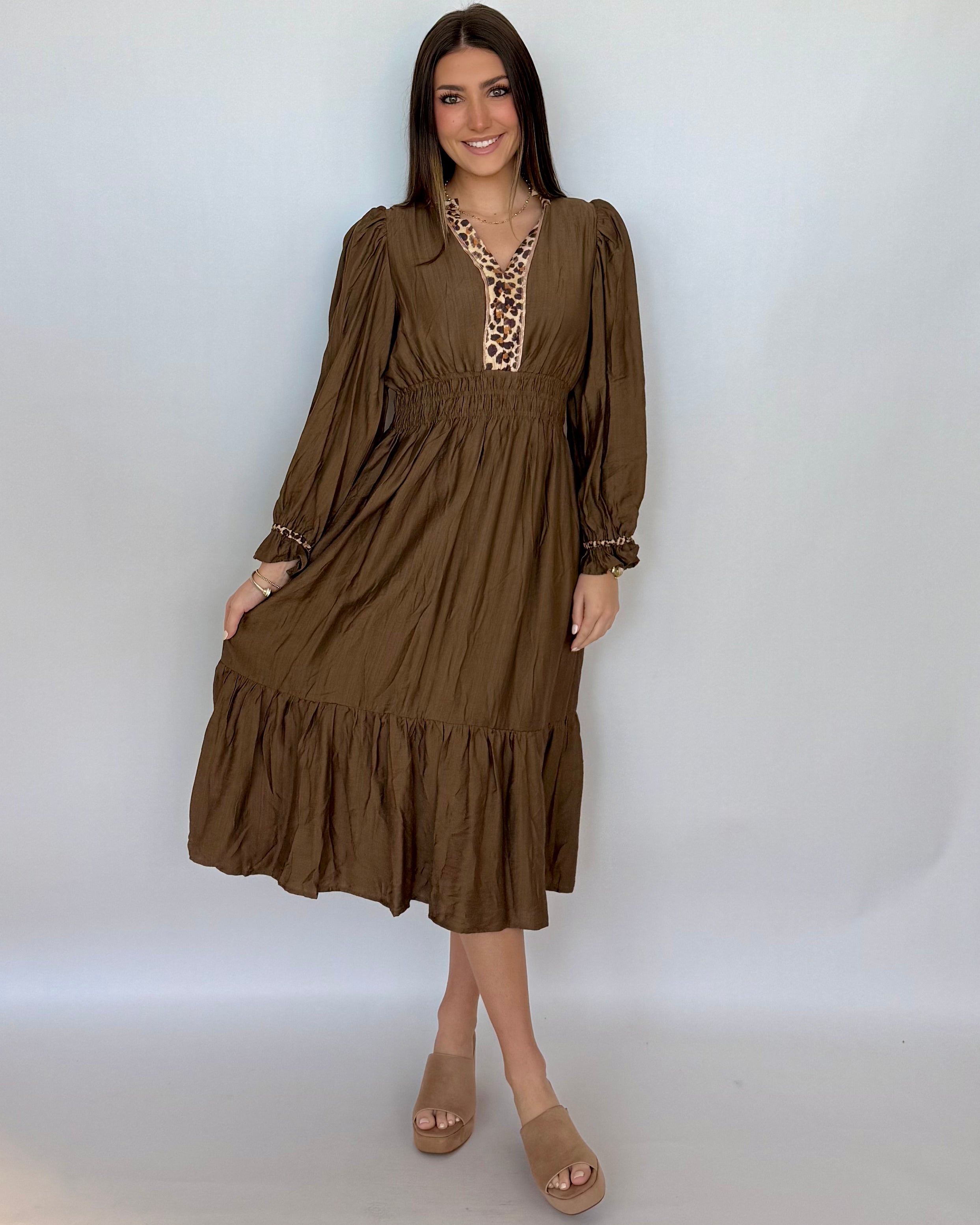 Don't Doubt Brown Ruffle Midi Dress-Shop-Womens-Boutique-Clothing